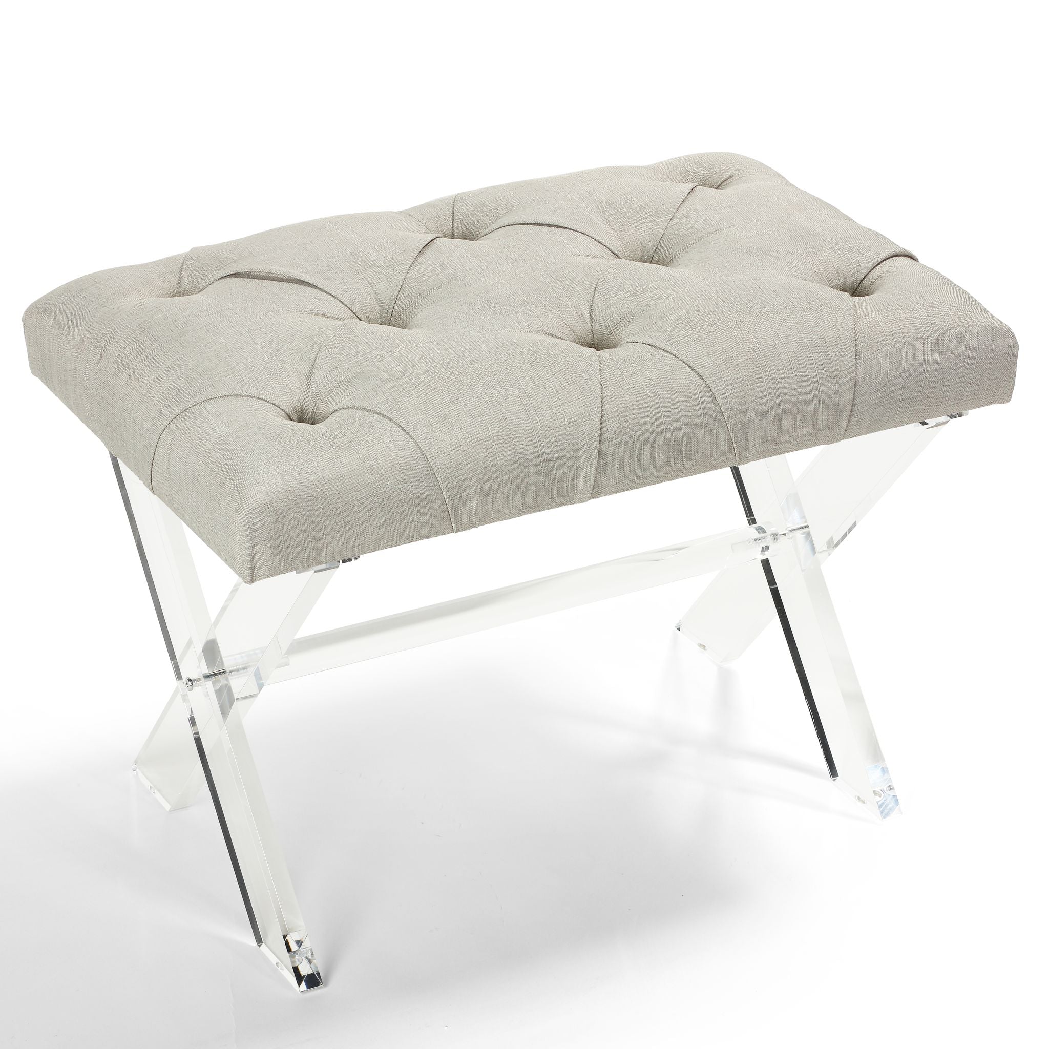 Cortesi Home Shayna X-Bench Ottoman with Clear Acrylic Legs , Grey Linen