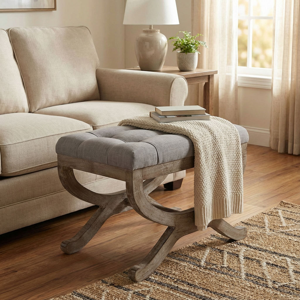 Cortesi Home Falmouth X-Bench Ottoman with Wood Legs, 17", Gray Fabric Cushion