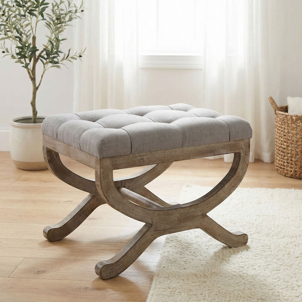 Cortesi Home Falmouth X-Bench Ottoman with Wood Legs, 17", Gray Fabric Cushion