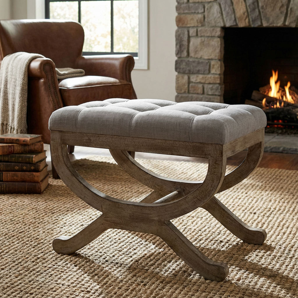 Cortesi Home Falmouth X-Bench Ottoman with Wood Legs, 17", Gray Fabric Cushion