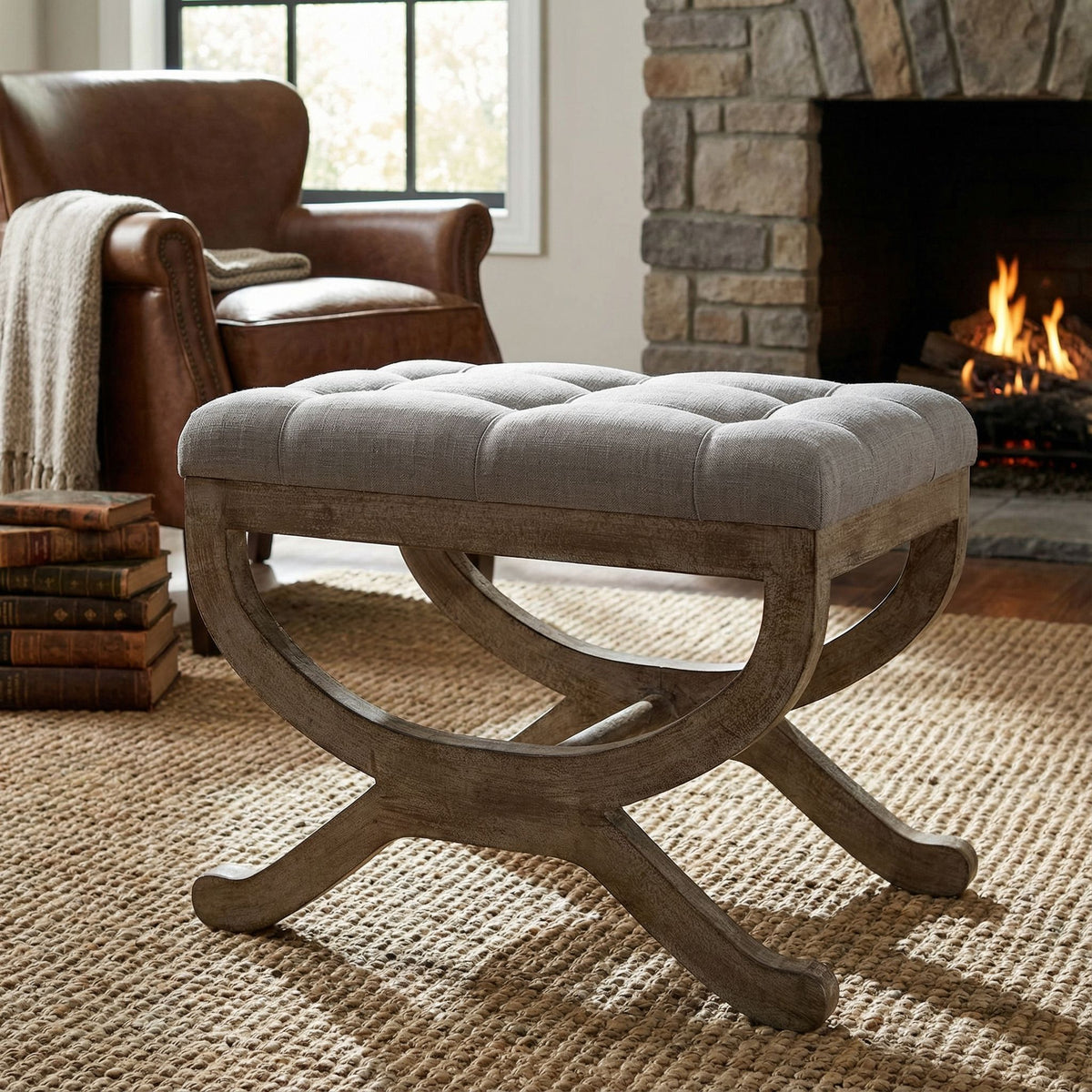 Cortesi Home Falmouth X-Bench Ottoman with Wood Legs, 17", Gray Fabric Cushion