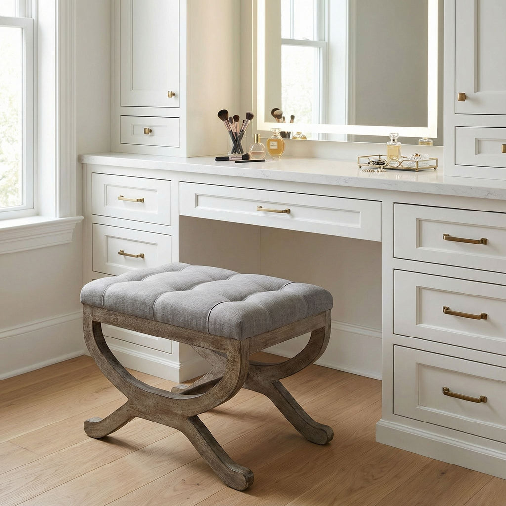 Cortesi Home Falmouth X-Bench Ottoman with Wood Legs, 17", Gray Fabric Cushion