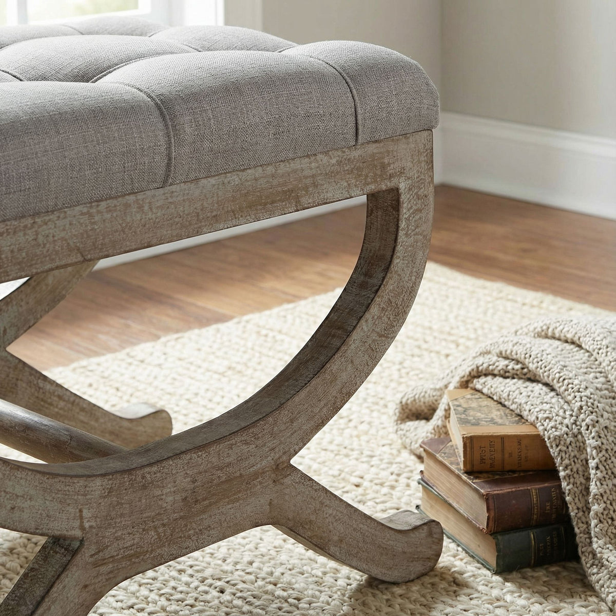 Cortesi Home Falmouth X-Bench Ottoman with Wood Legs, 17", Gray Fabric Cushion