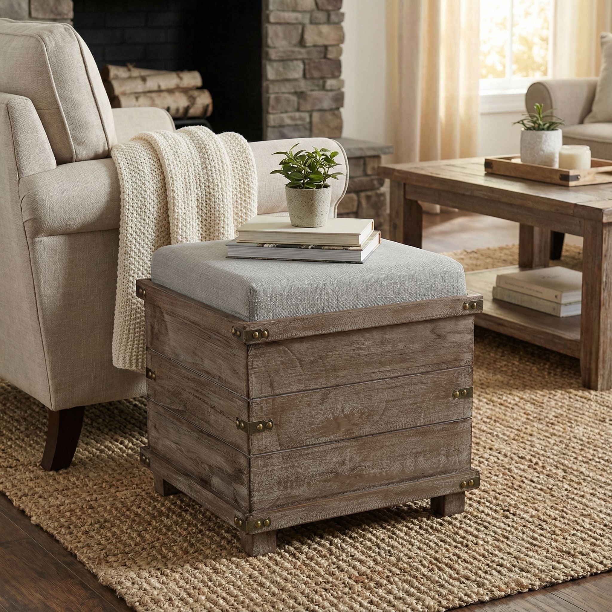 Scusset Storage Chest Tray Ottoman in Fabric and Wood, Grey