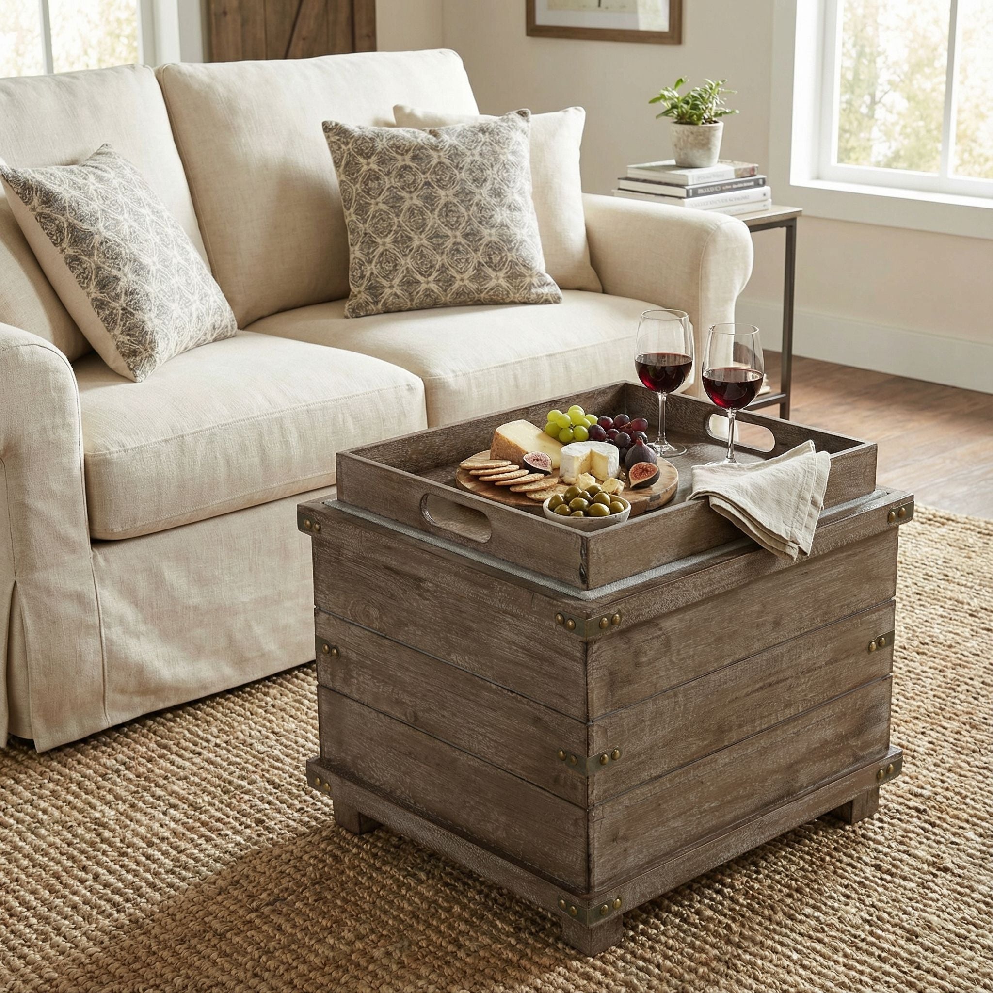 Scusset Storage Chest Tray Ottoman in Fabric and Wood, Grey