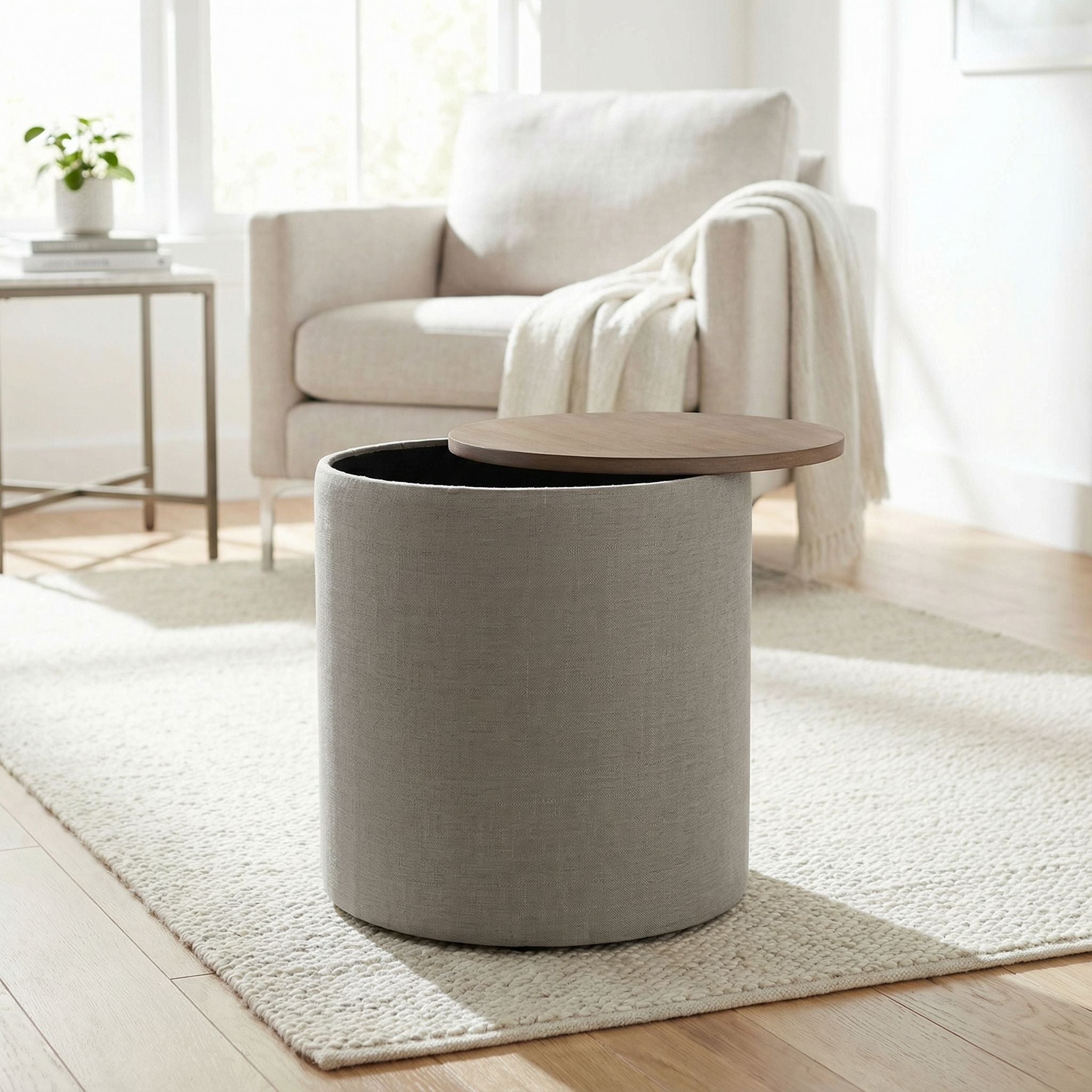 Vancouver Round Storage Ottoman with Wood Top