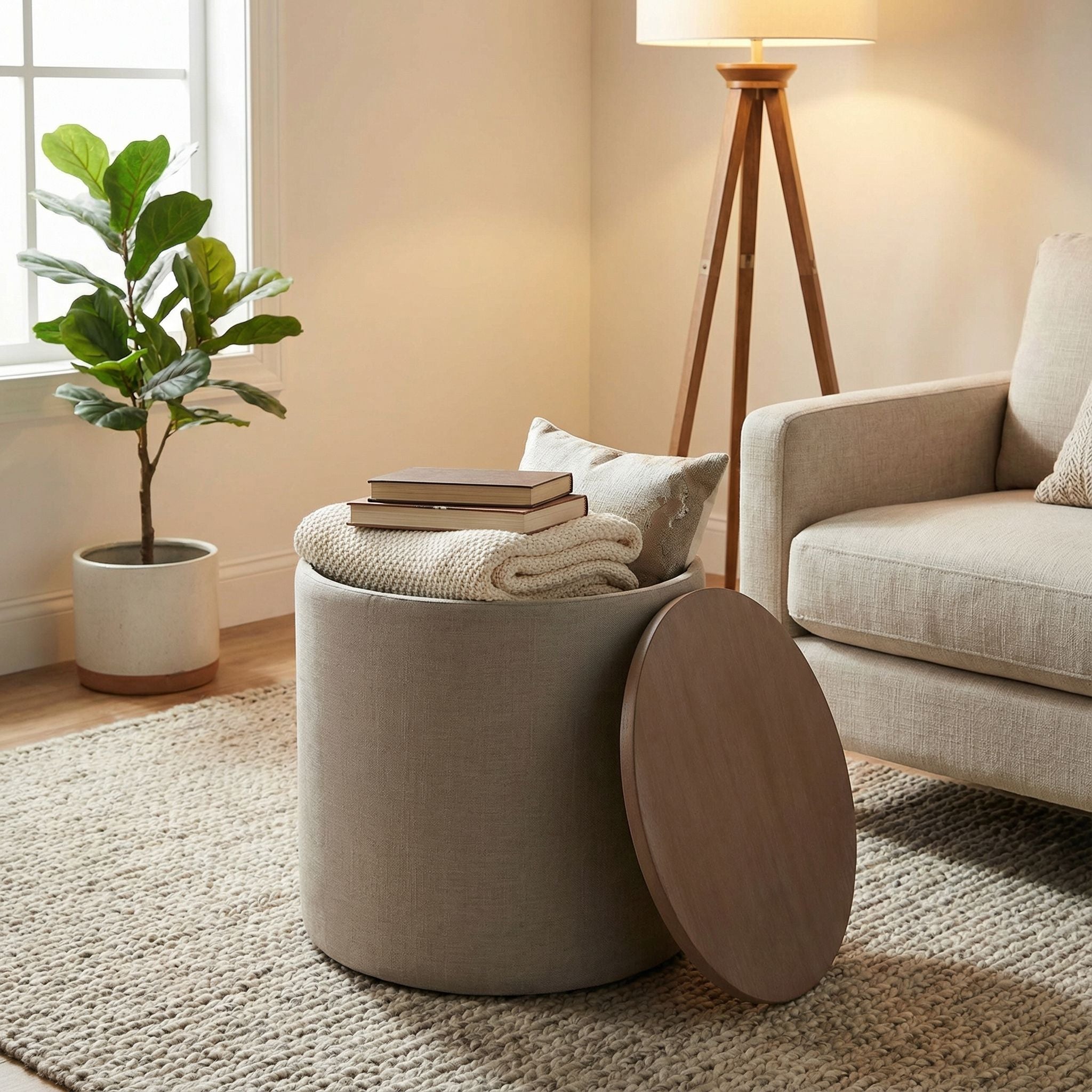 Vancouver Round Storage Ottoman with Wood Top