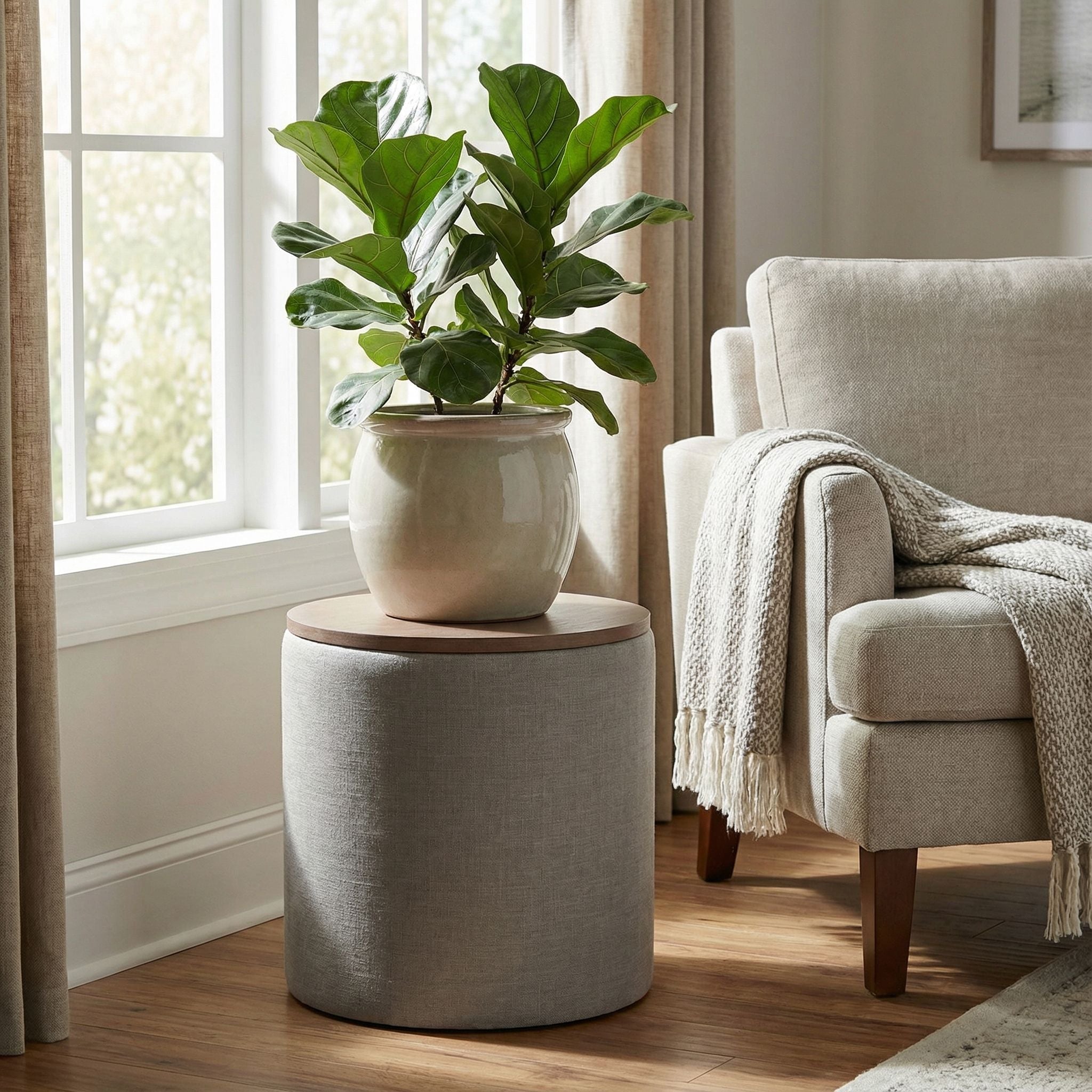 Vancouver Round Storage Ottoman with Wood Top