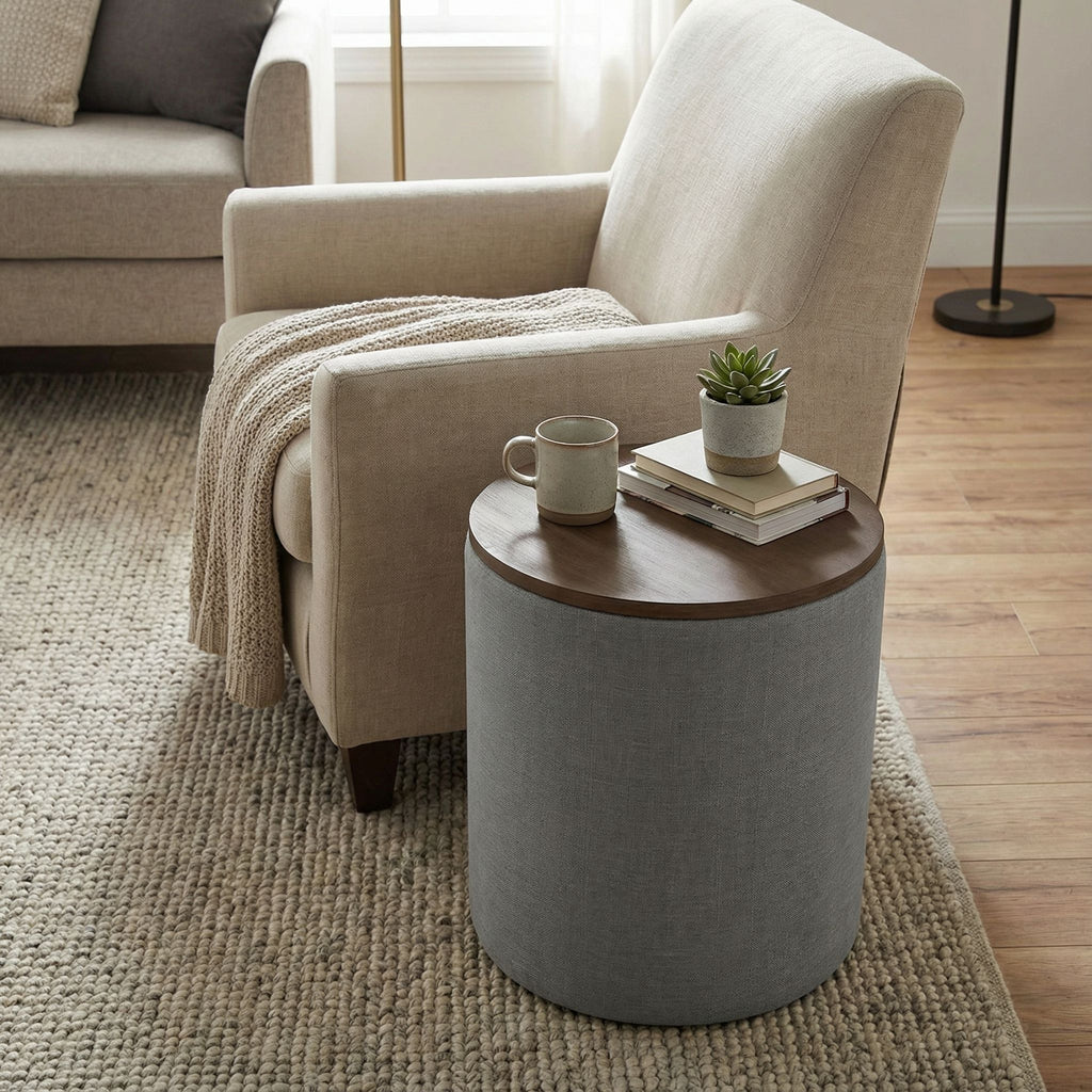 Vancouver Round Storage Ottoman with Wood Top