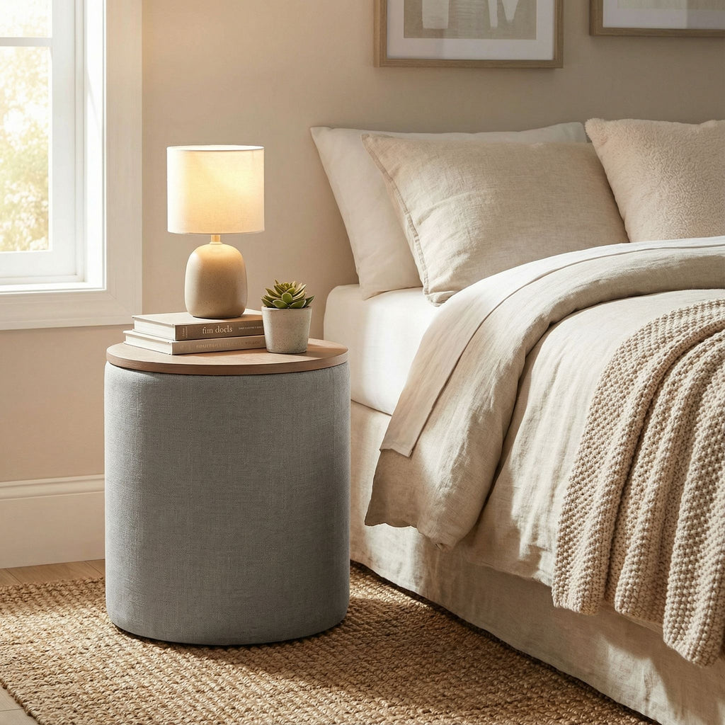 Vancouver Round Storage Ottoman with Wood Top