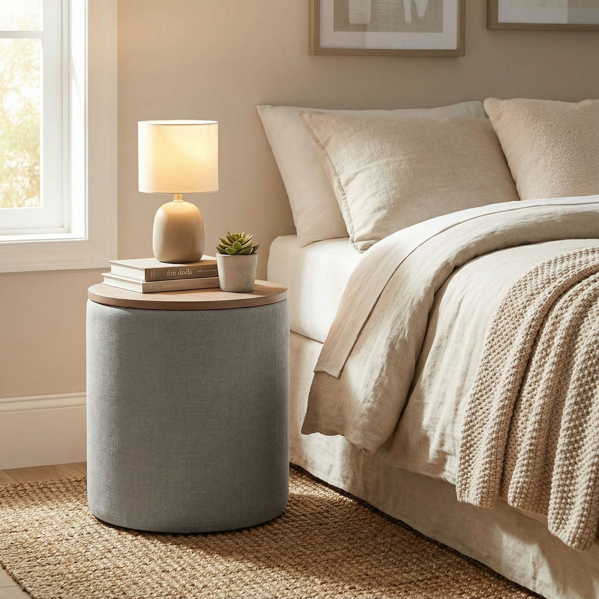 Vancouver Round Storage Ottoman with Wood Top