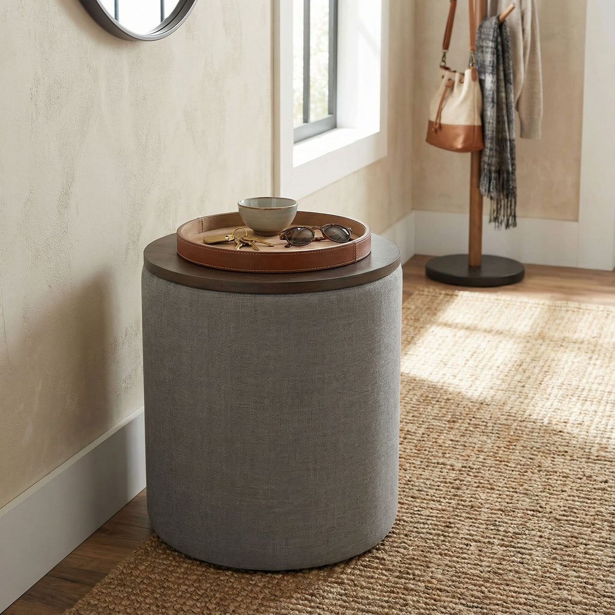 Vancouver Round Storage Ottoman with Wood Top