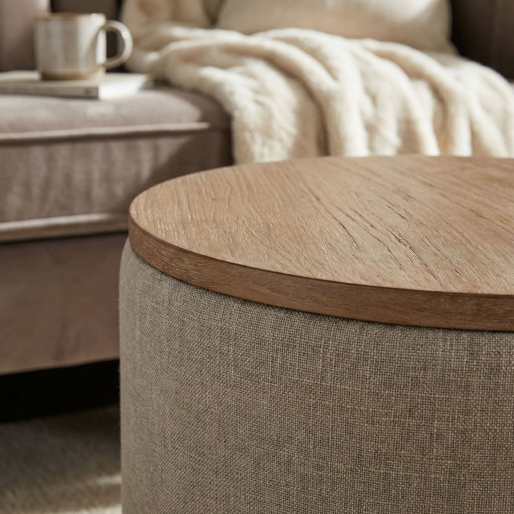 Vancouver Round Storage Ottoman with Wood Top