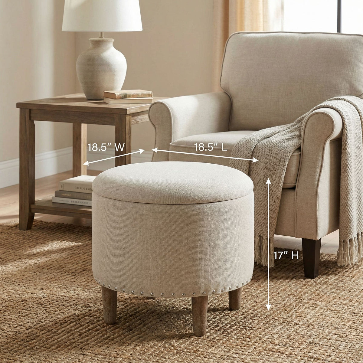 Hosta 19" Round Storage Ottoman in Light Beige Linen