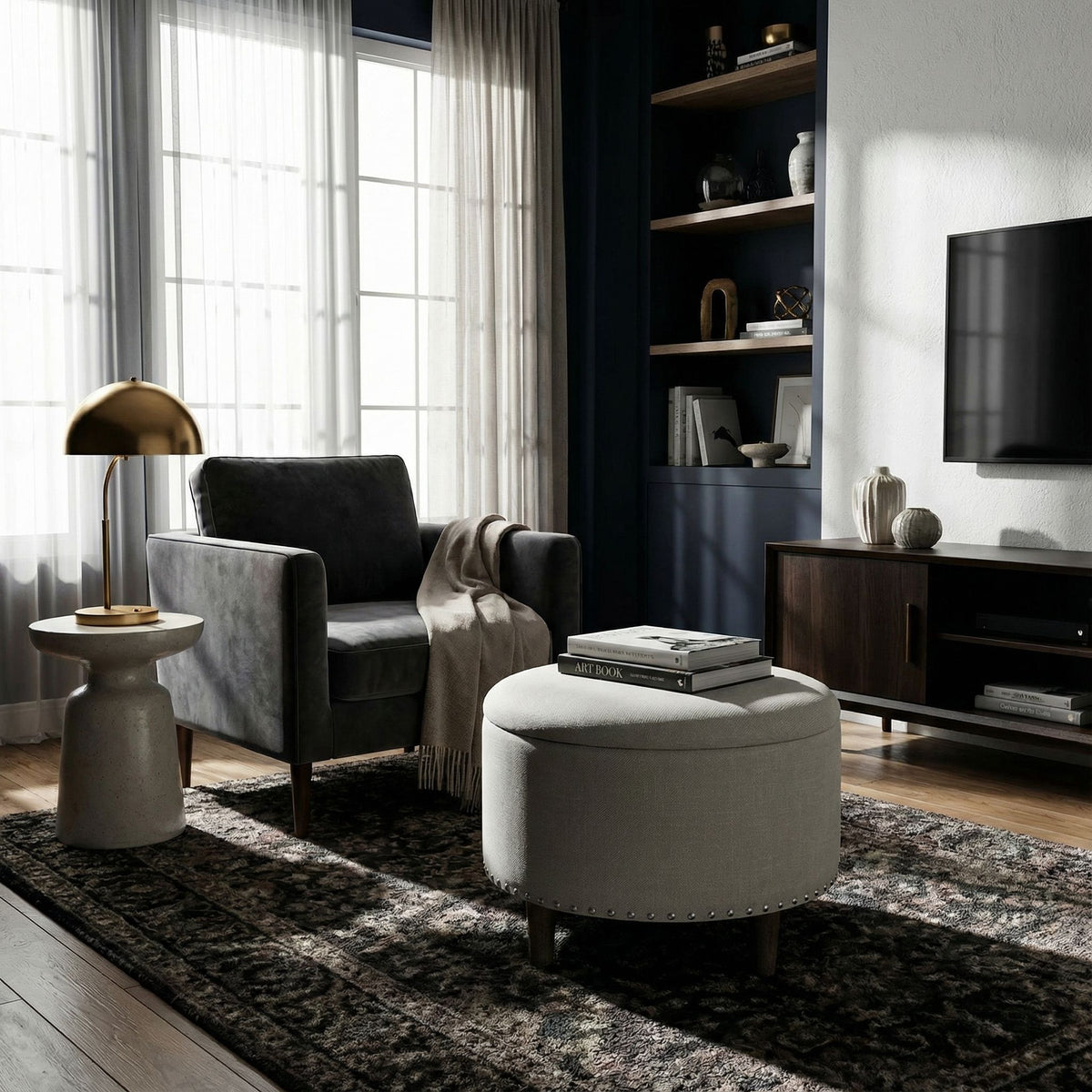 Hosta 19" Round Storage Ottoman in Light Beige Linen