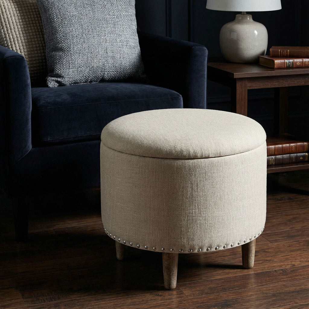 Hosta 19" Round Storage Ottoman in Light Beige Linen