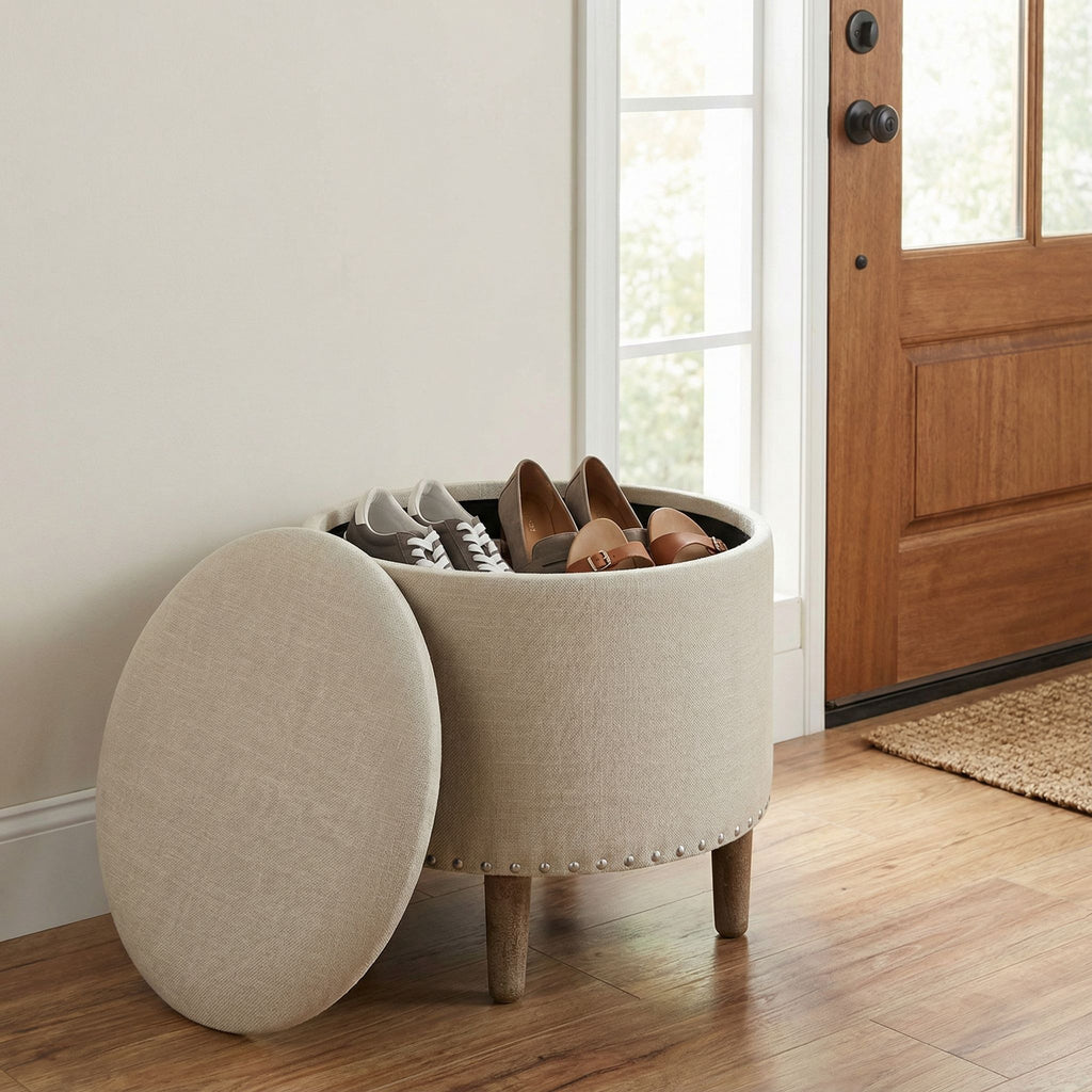 Hosta 19" Round Storage Ottoman in Light Beige Linen