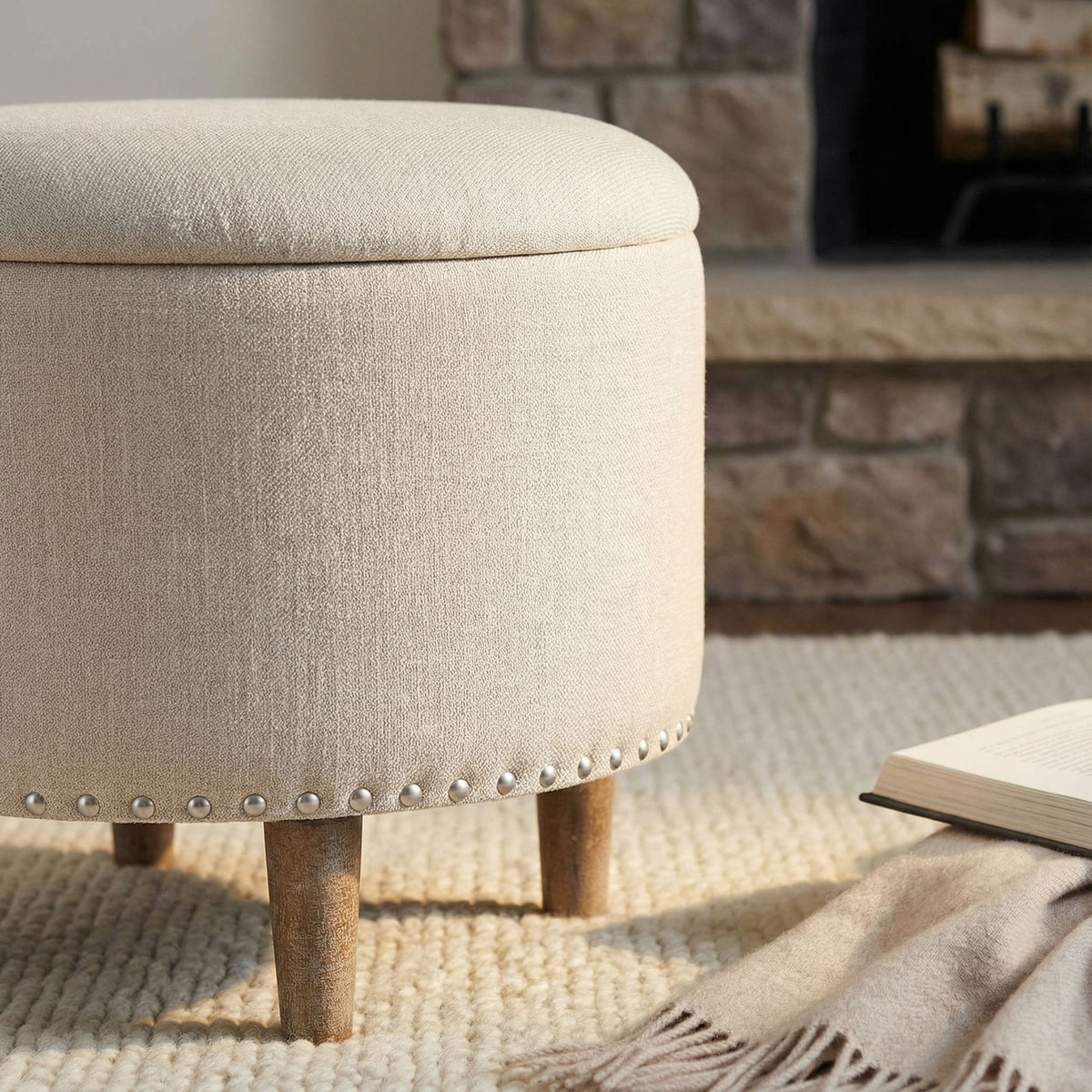 Hosta 19" Round Storage Ottoman in Light Beige Linen
