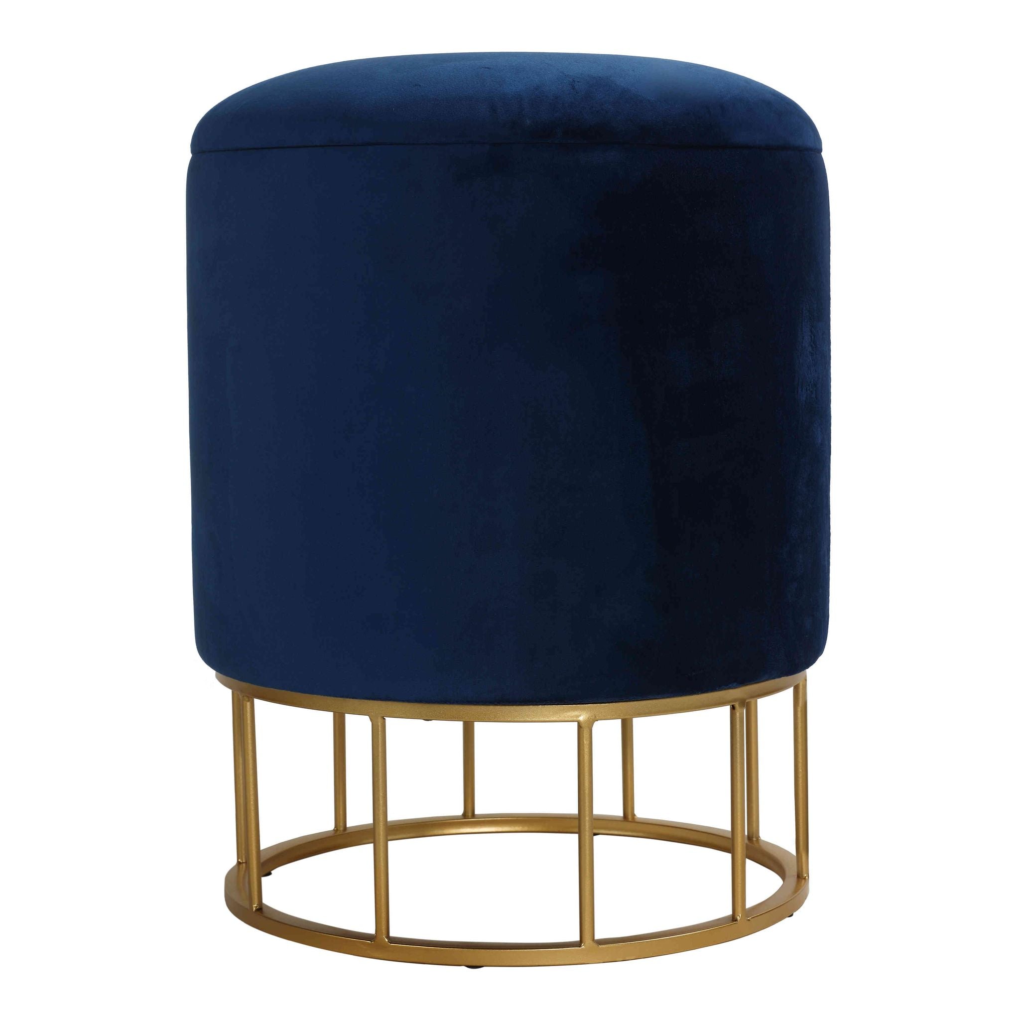 Celestyn Round Storage Ottoman, Navy Blue Velvet, Gold Base