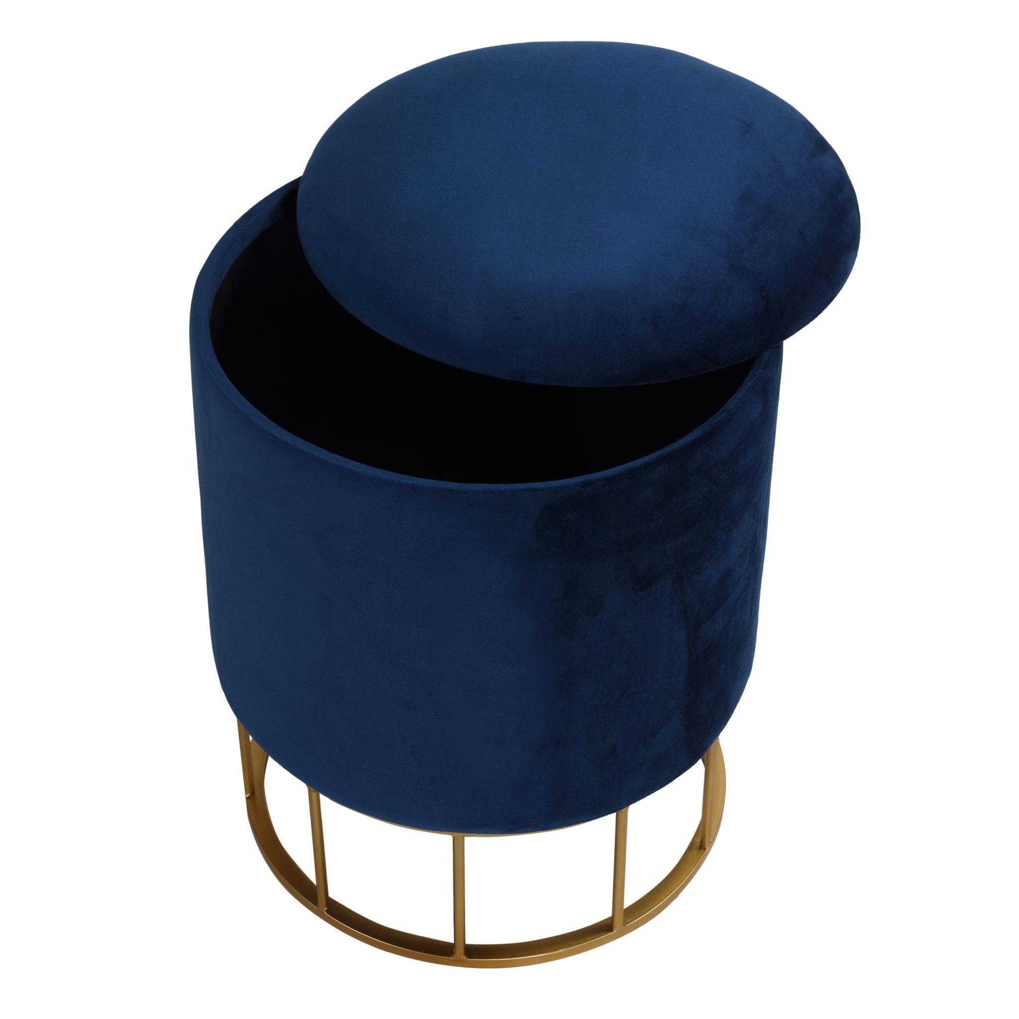 Celestyn Round Storage Ottoman, Navy Blue Velvet, Gold Base