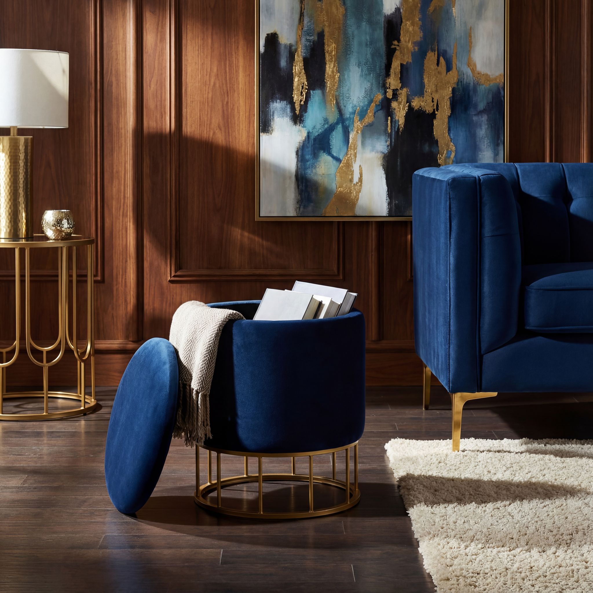 Celestyn Round Storage Ottoman, Navy Blue Velvet, Gold Base
