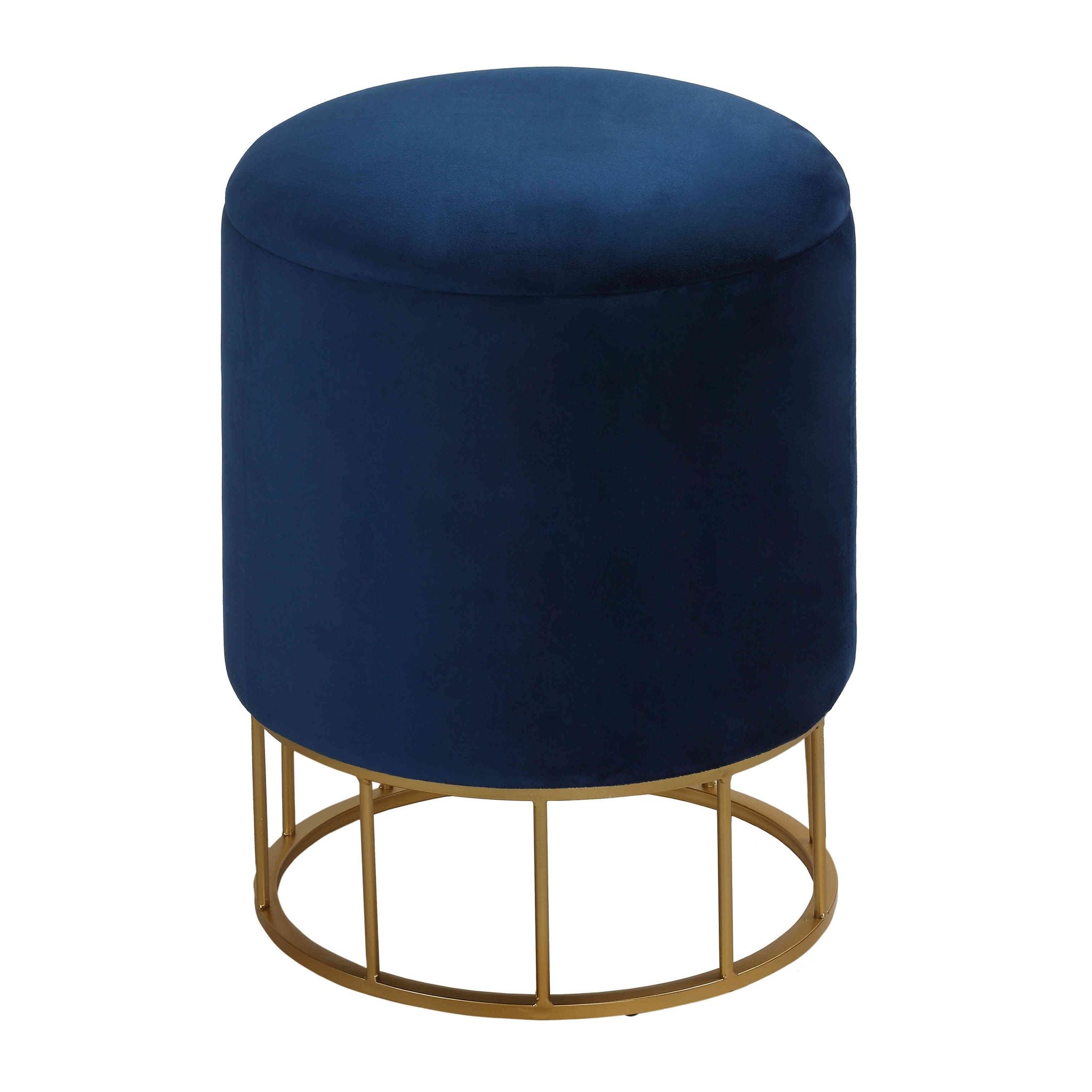 Celestyn Round Storage Ottoman, Navy Blue Velvet, Gold Base