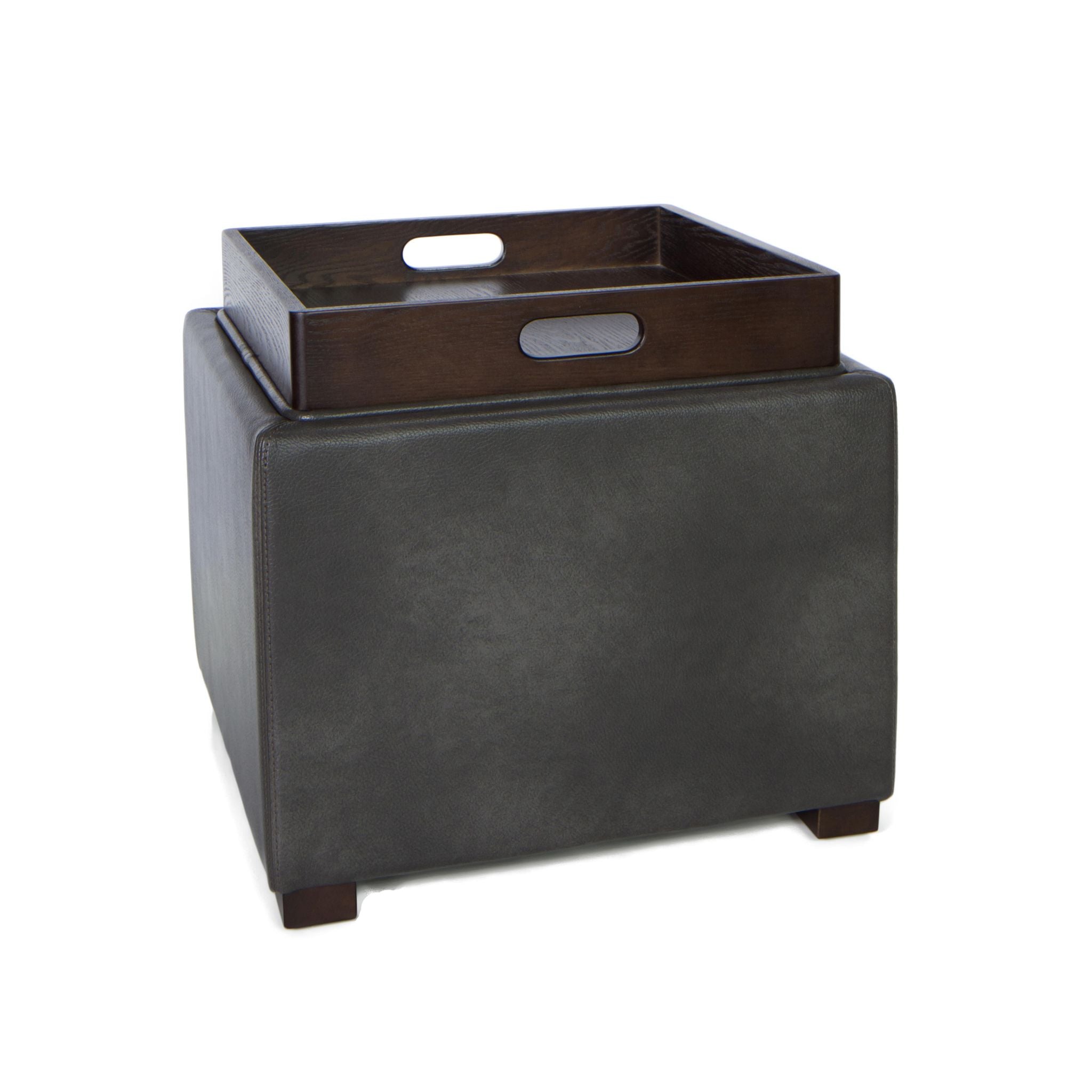 Mavi Grey Wood Top Tray Storage Cube Ottoman in Bonded Leather