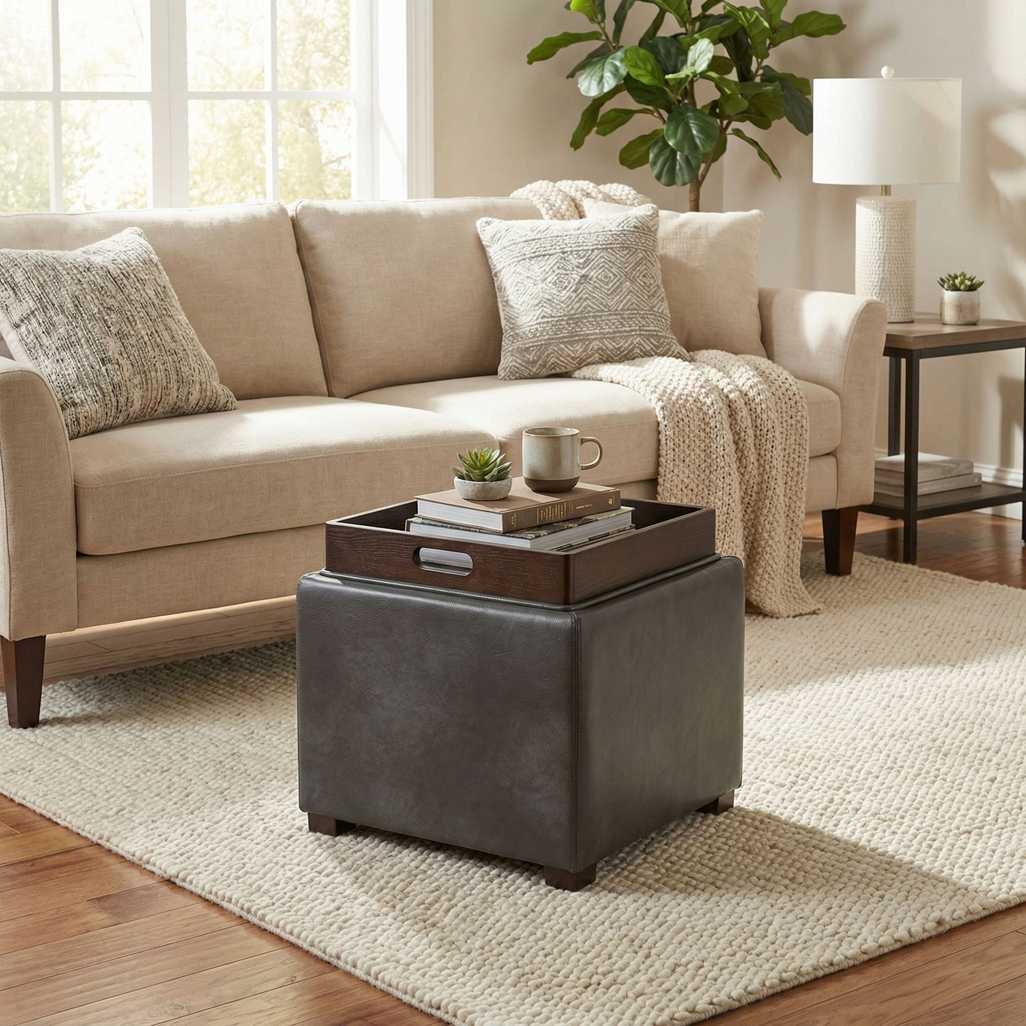 Mavi Grey Wood Top Tray Storage Cube Ottoman in Bonded Leather