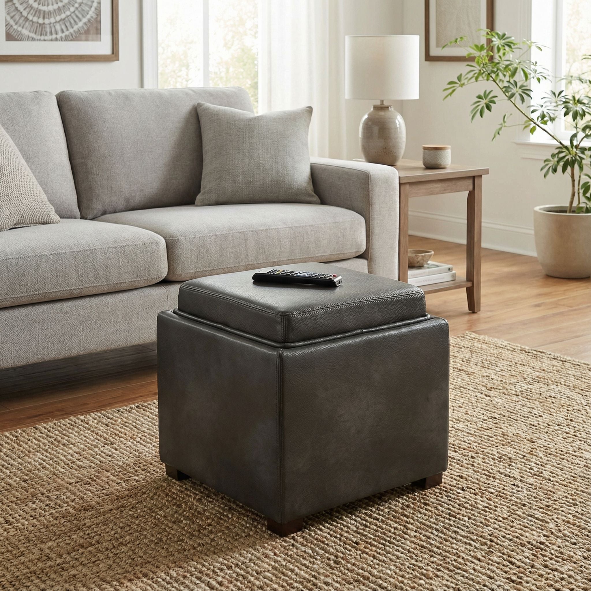 Mavi Grey Wood Top Tray Storage Cube Ottoman in Bonded Leather