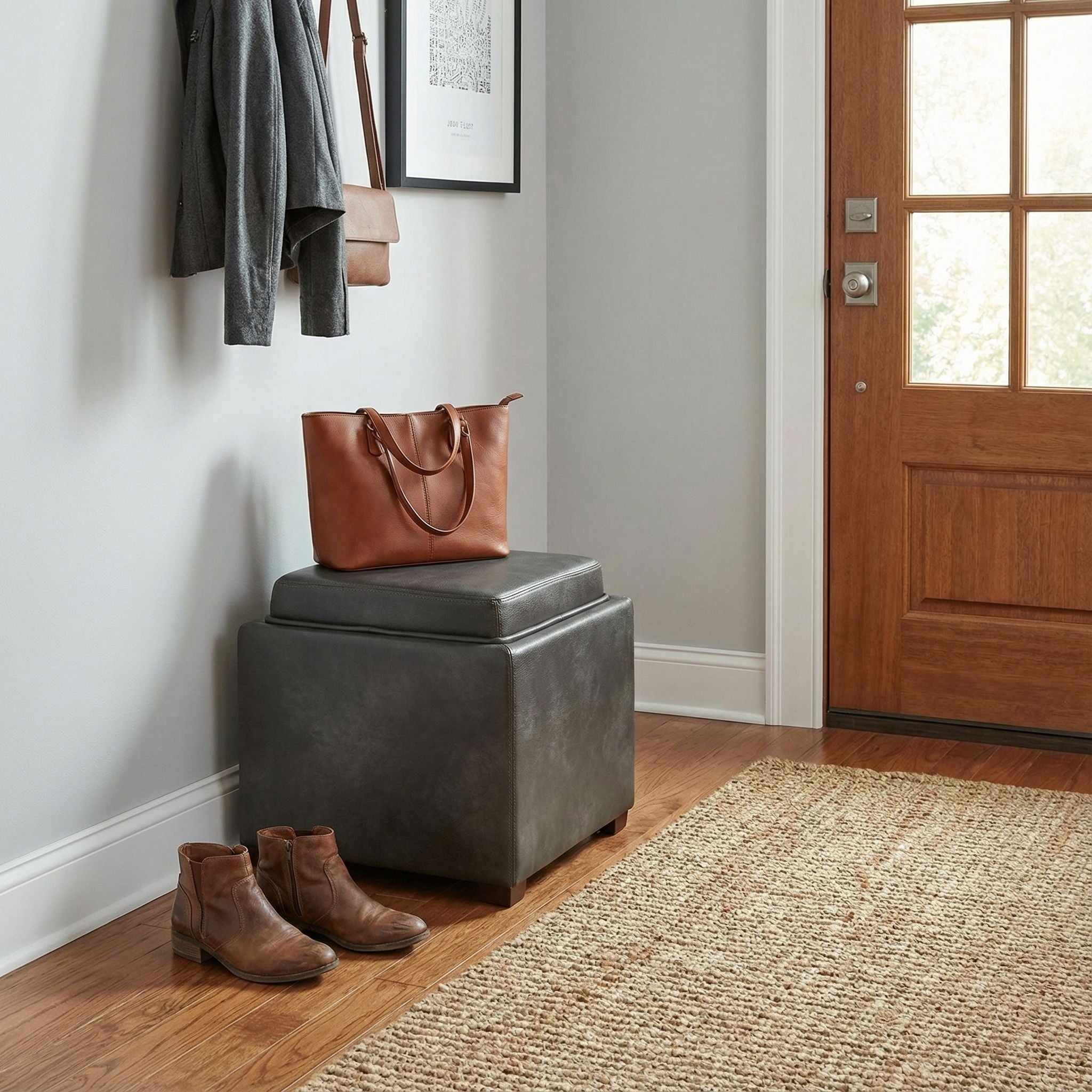 Mavi Grey Wood Top Tray Storage Cube Ottoman in Bonded Leather