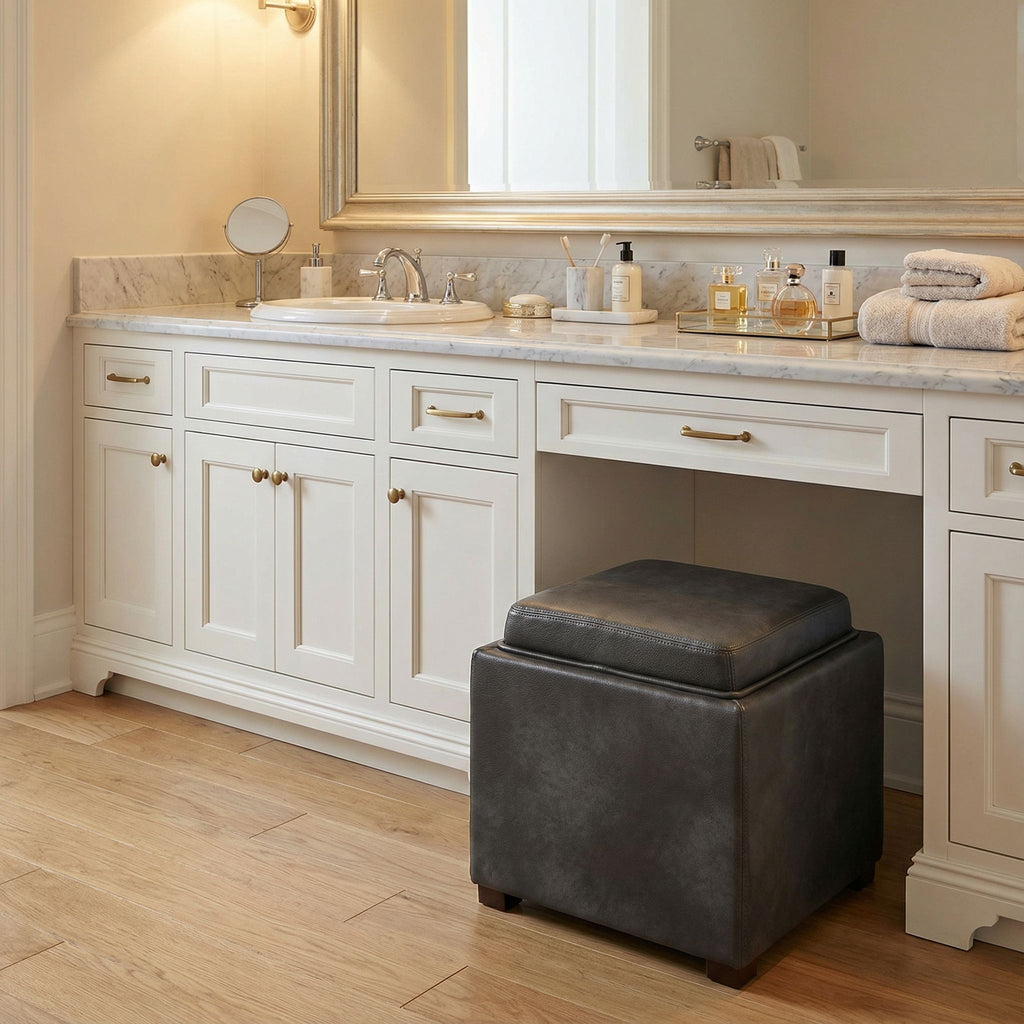 Mavi Grey Wood Top Tray Storage Cube Ottoman in Bonded Leather