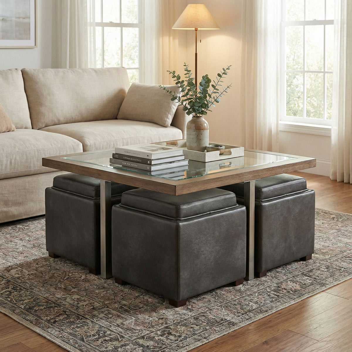 Mavi Grey Wood Top Tray Storage Cube Ottoman in Bonded Leather