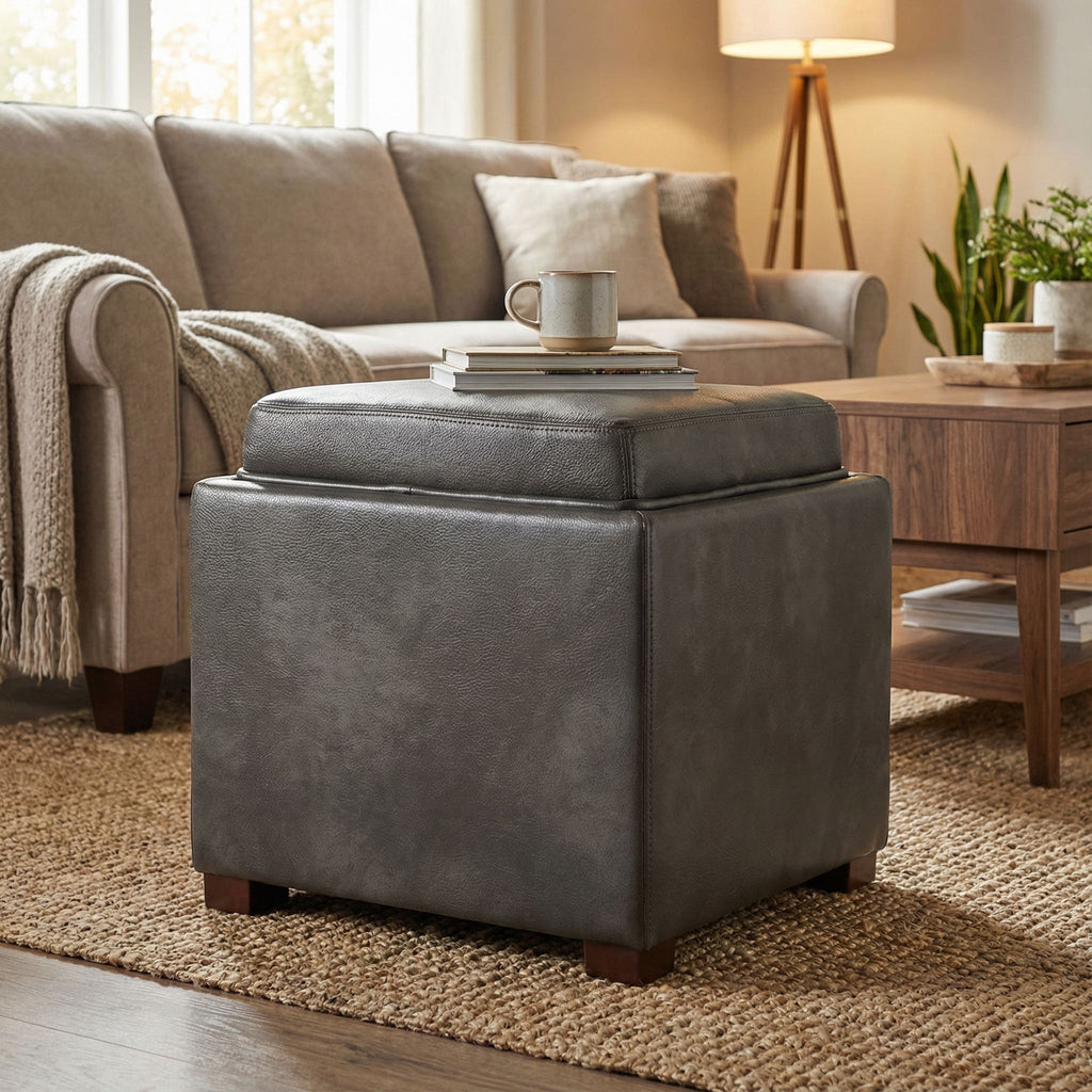 Mavi Grey Wood Top Tray Storage Cube Ottoman in Bonded Leather