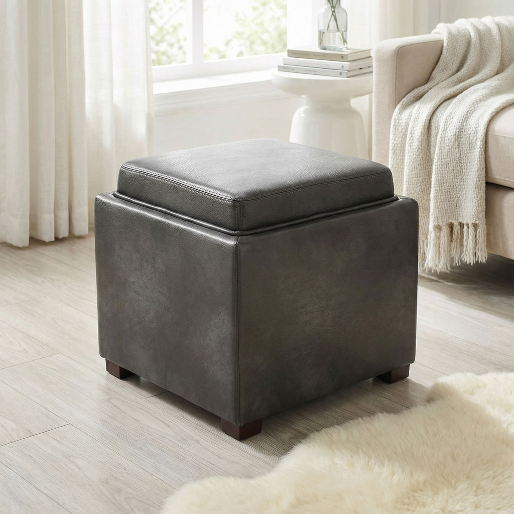 Mavi Grey Wood Top Tray Storage Cube Ottoman in Bonded Leather