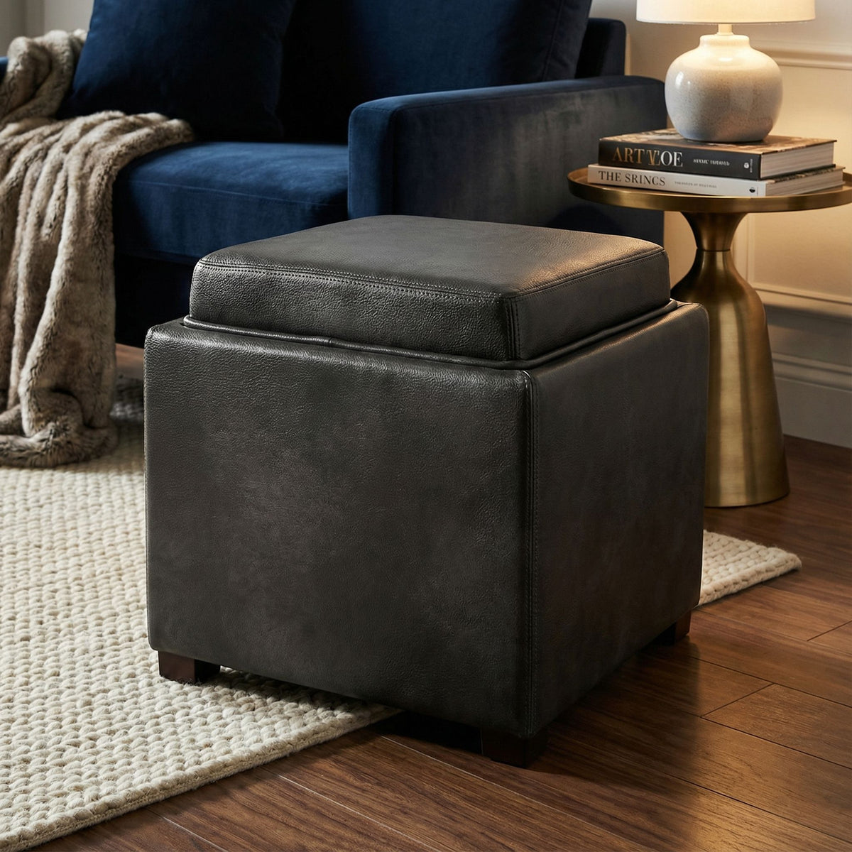 Mavi Grey Wood Top Tray Storage Cube Ottoman in Bonded Leather