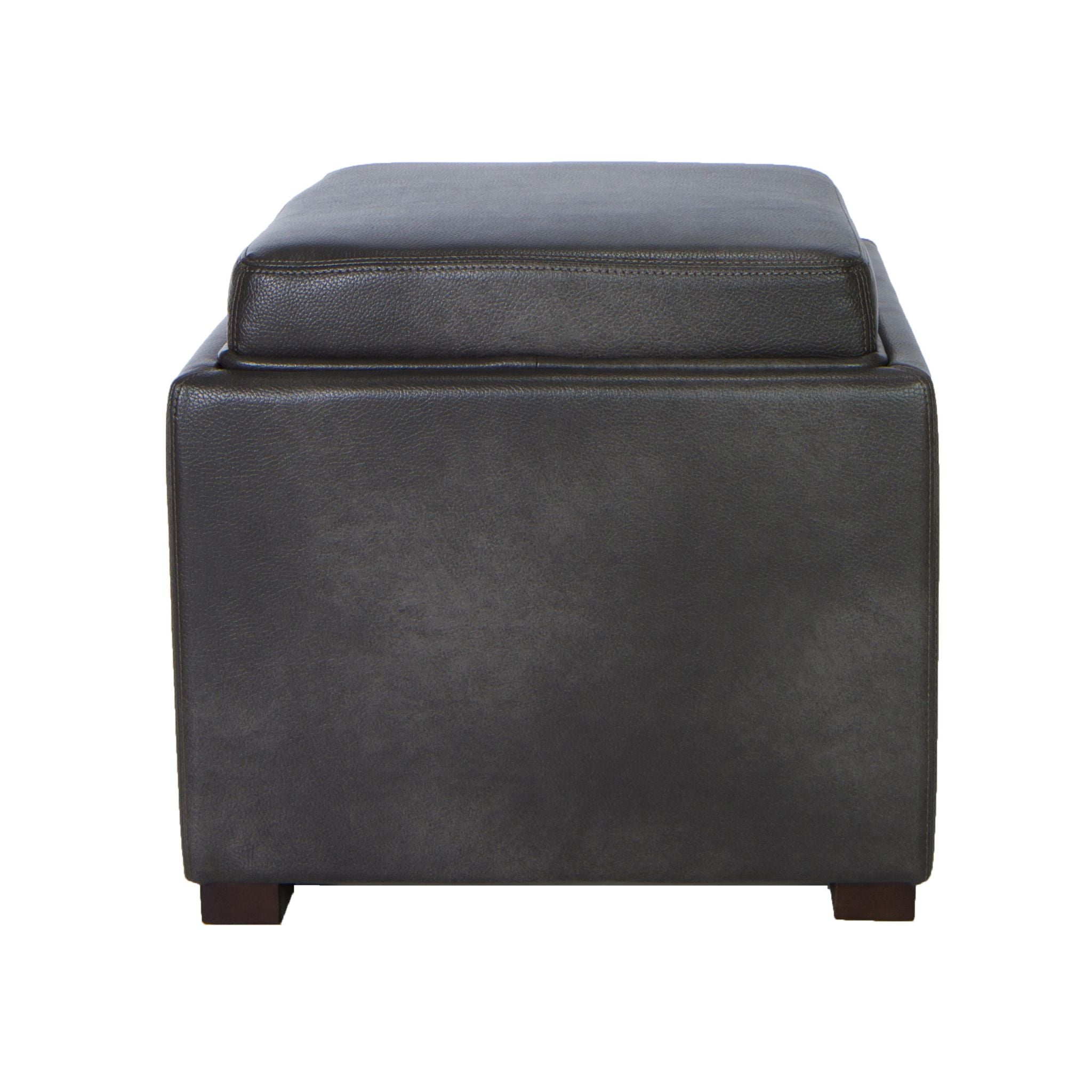 Mavi Grey Wood Top Tray Storage Cube Ottoman in Bonded Leather