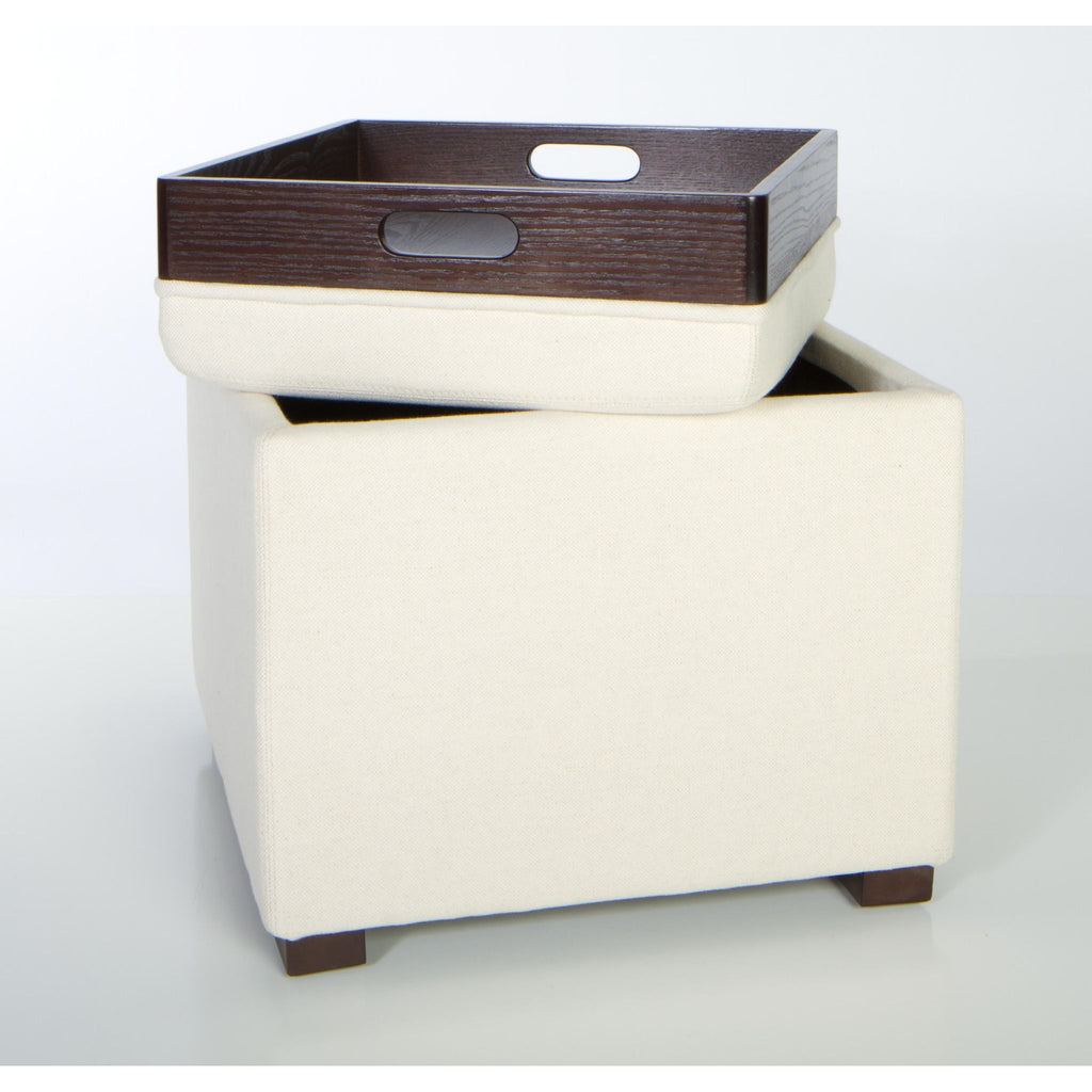 Mavi White Tray Top Storage Cube Ottoman in Linen Fabric