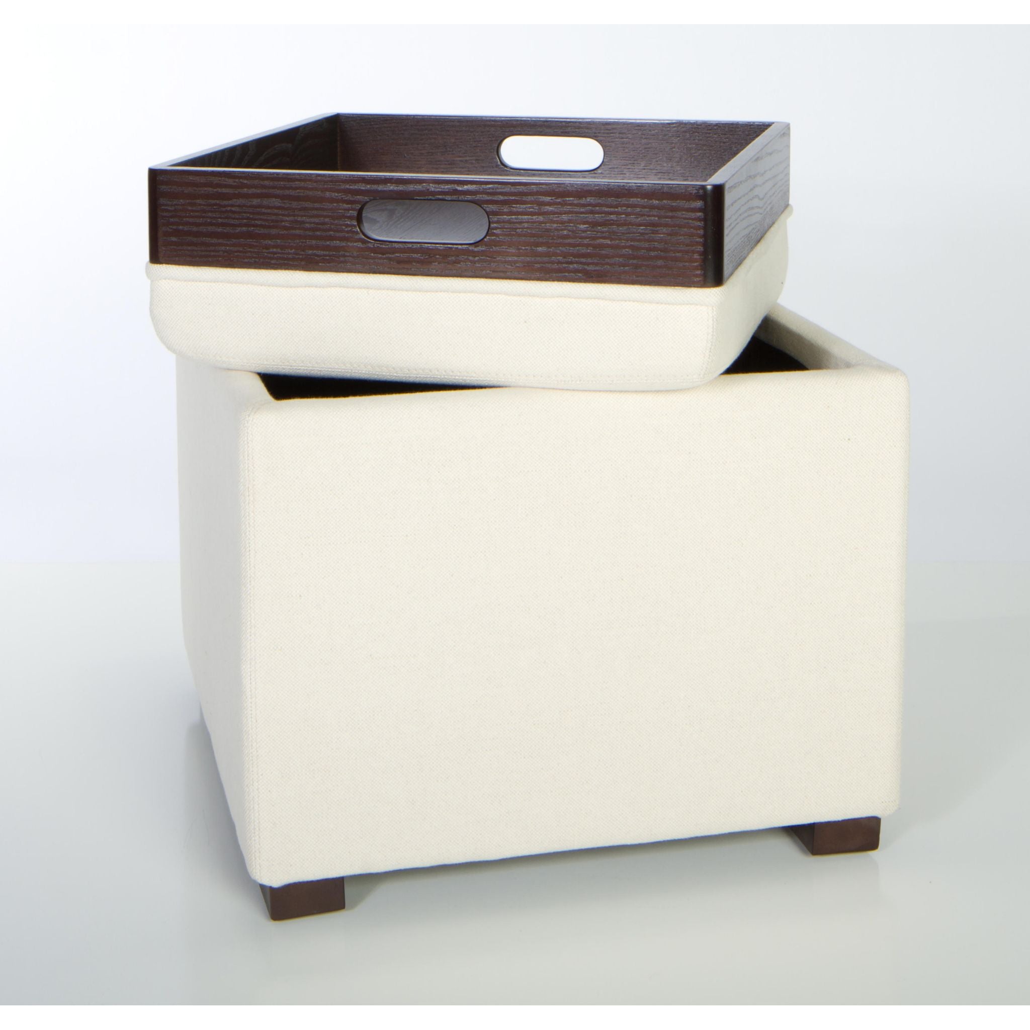 Mavi White Tray Top Storage Cube Ottoman in Linen Fabric
