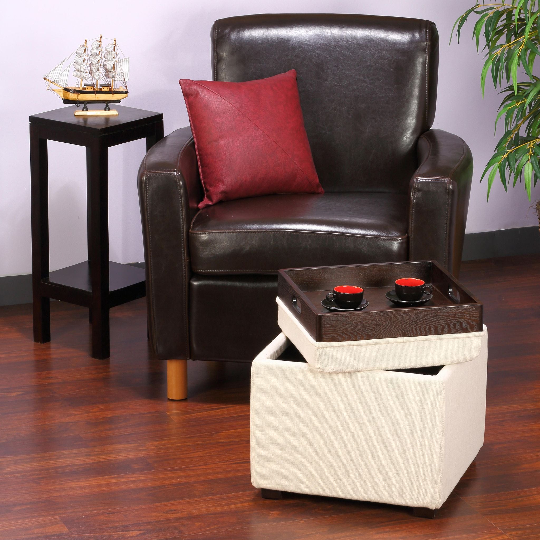 Mavi White Tray Top Storage Cube Ottoman in Linen Fabric