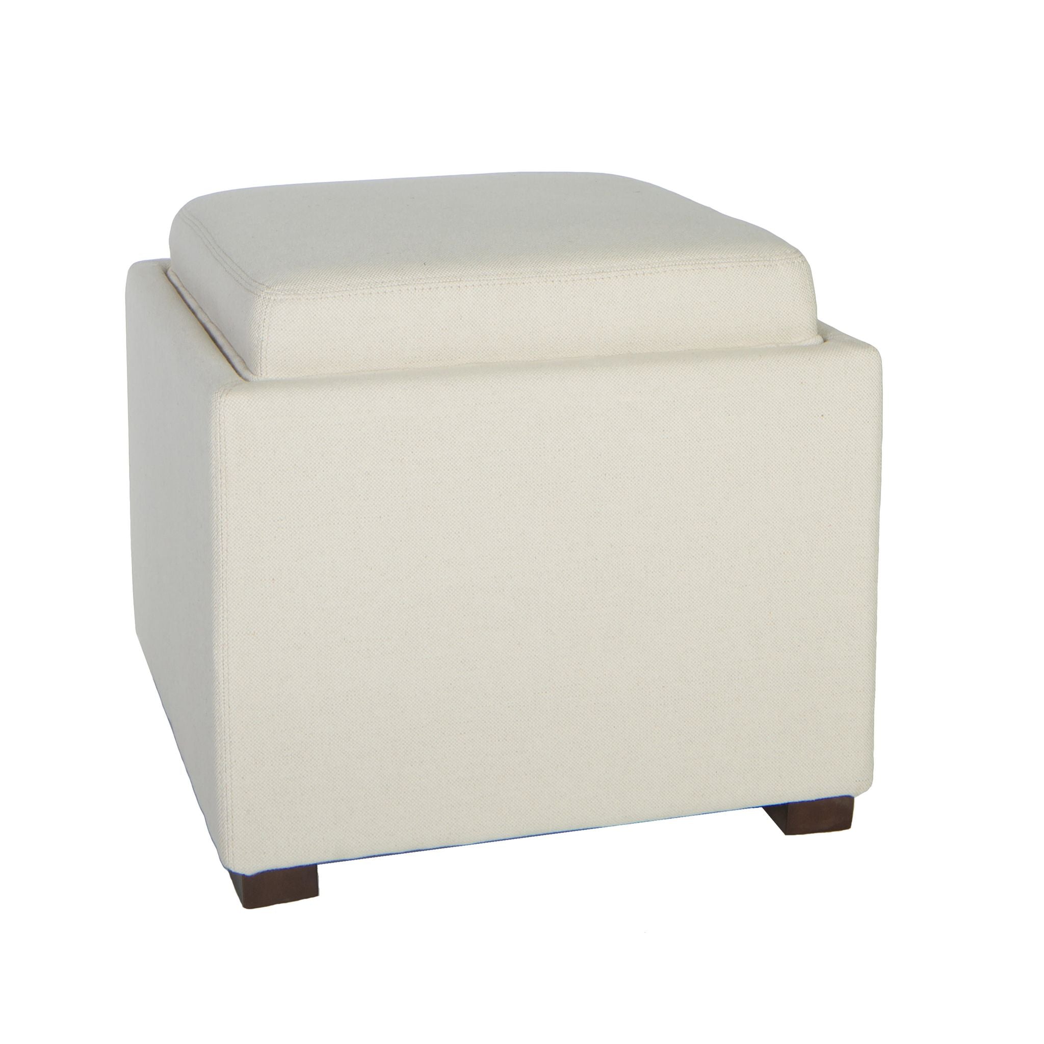 Mavi White Tray Top Storage Cube Ottoman in Linen Fabric