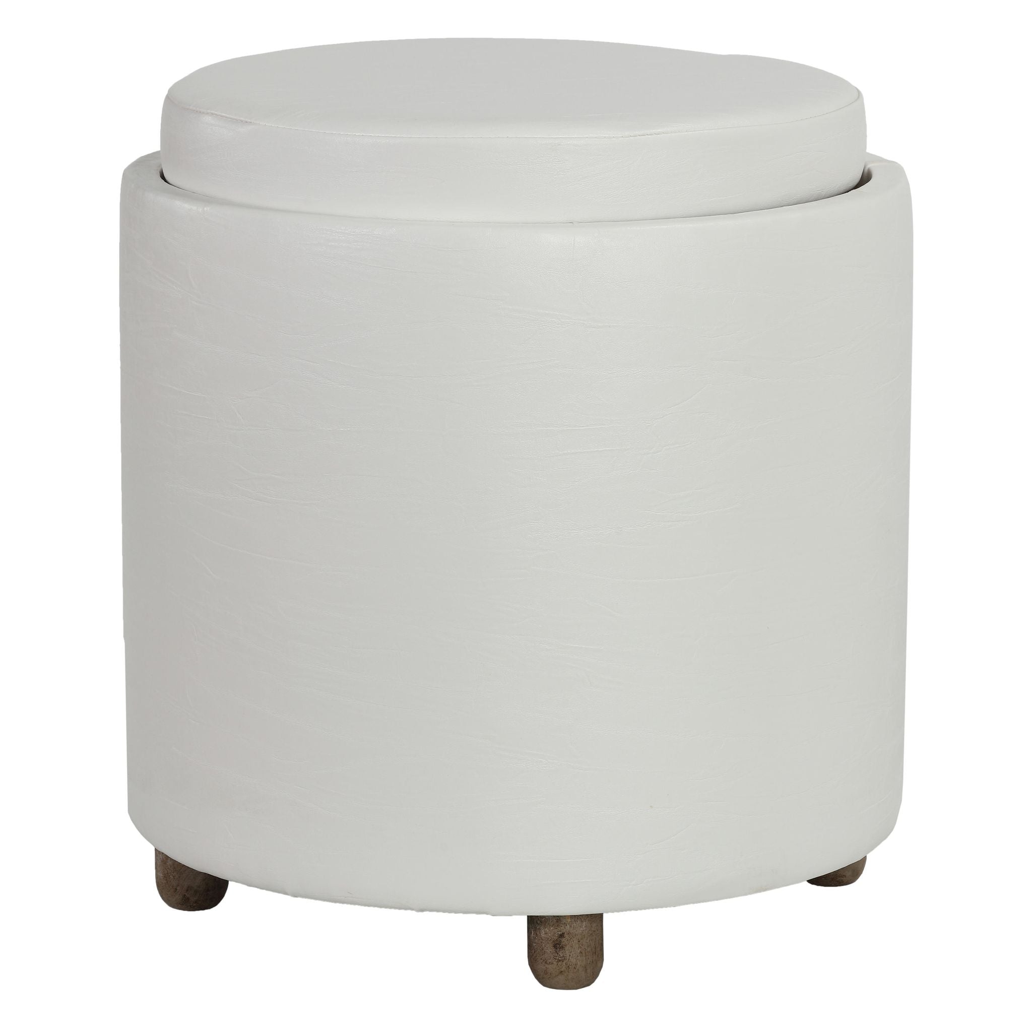 Keyes Round Storage Ottoman with Tray Top, White faux leather and  driftwood legs