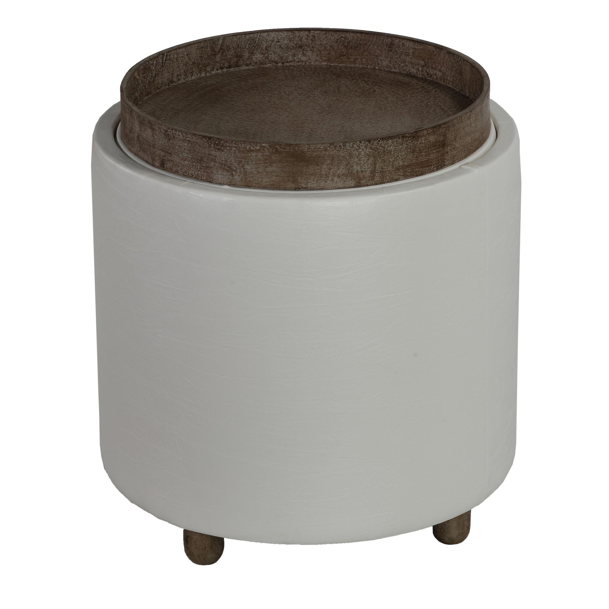Keyes Round Storage Ottoman with Tray Top, White faux leather and  driftwood legs