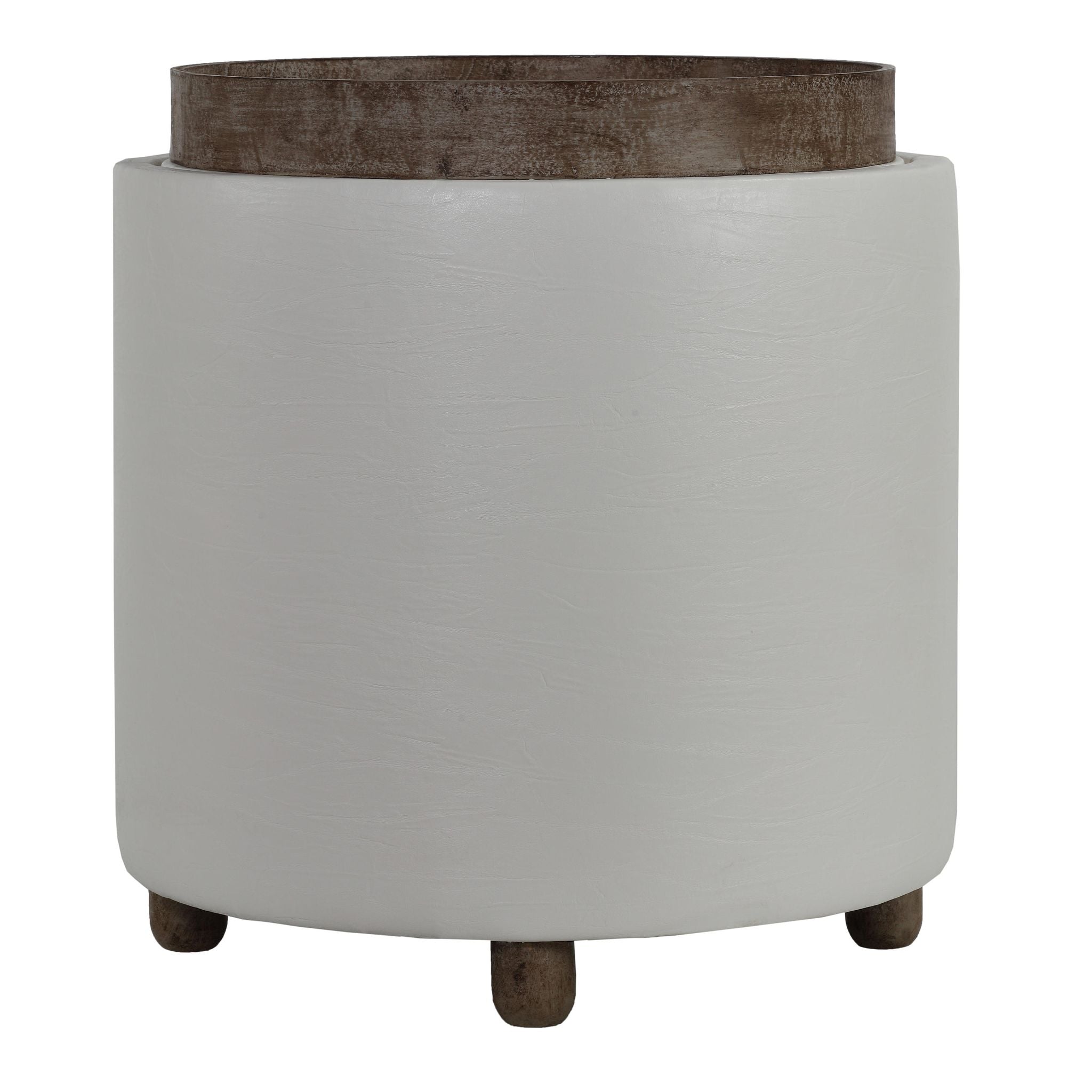 Keyes Round Storage Ottoman with Tray Top, White faux leather and  driftwood legs