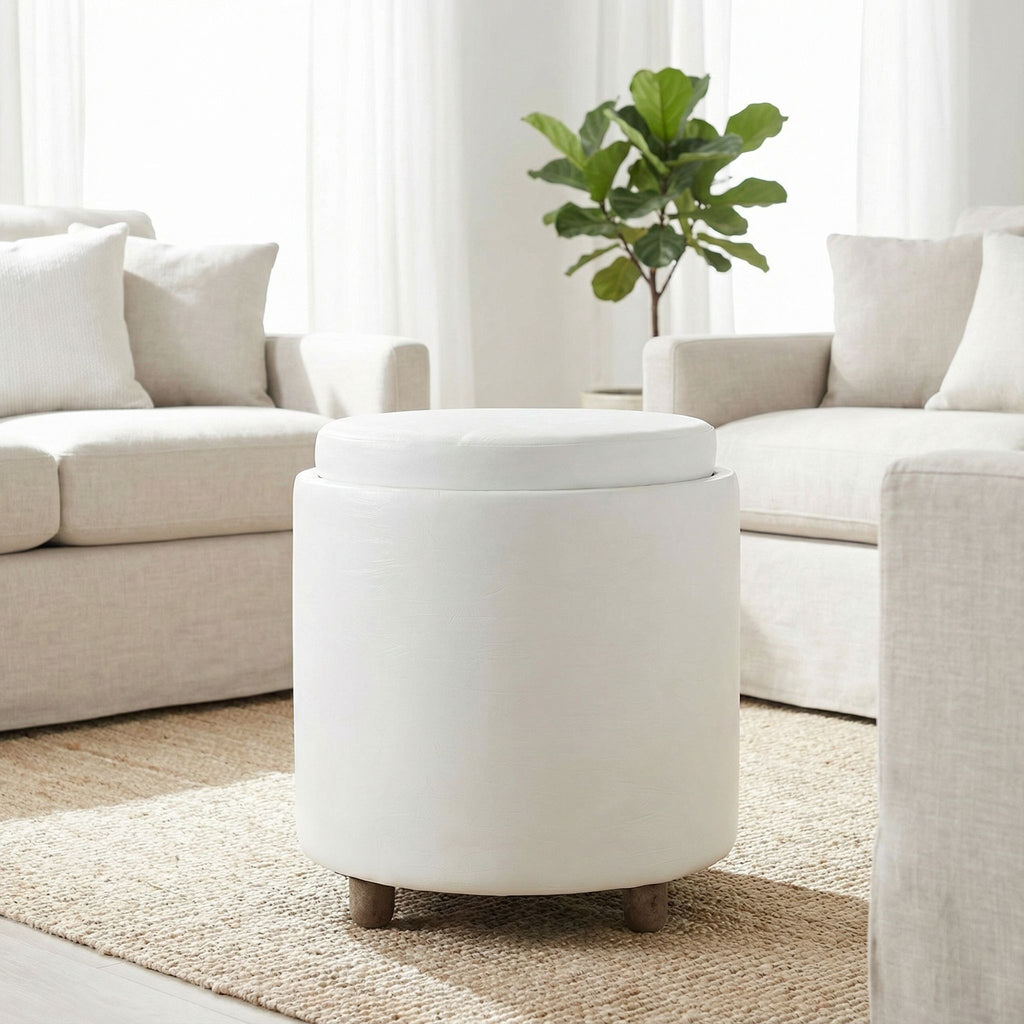 Keyes Round Storage Ottoman with Tray Top, White faux leather and  driftwood legs