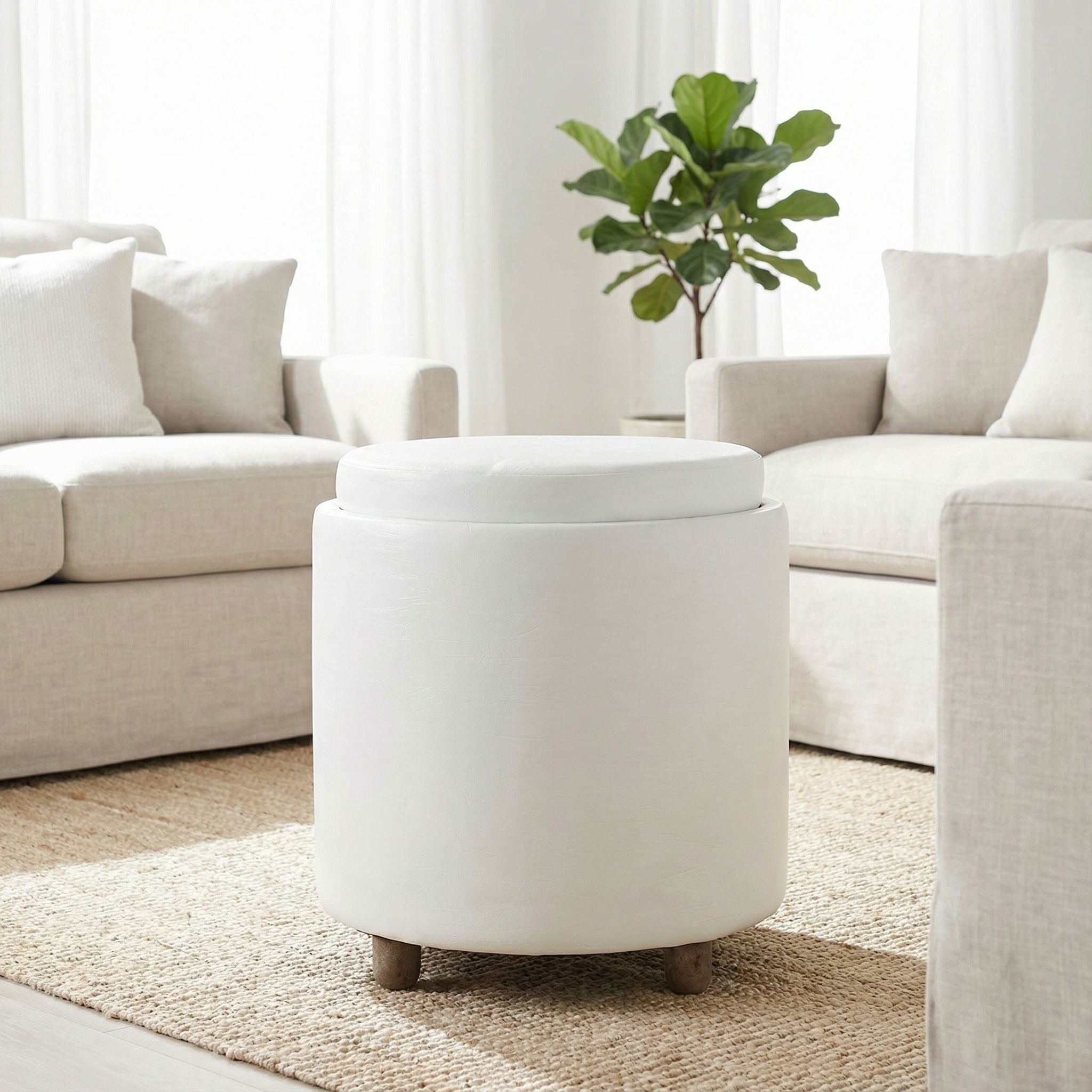 Keyes Round Storage Ottoman with Tray Top, White faux leather and  driftwood legs
