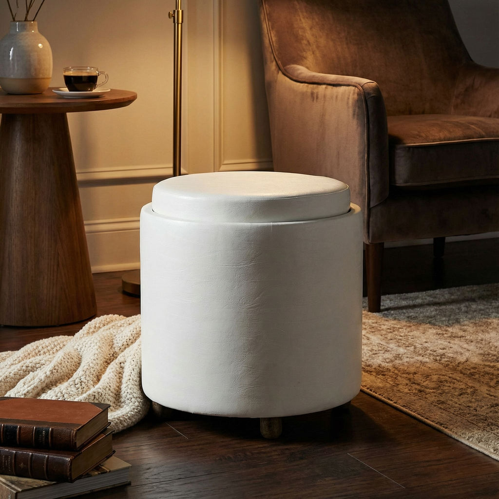 Keyes Round Storage Ottoman with Tray Top, White faux leather and  driftwood legs