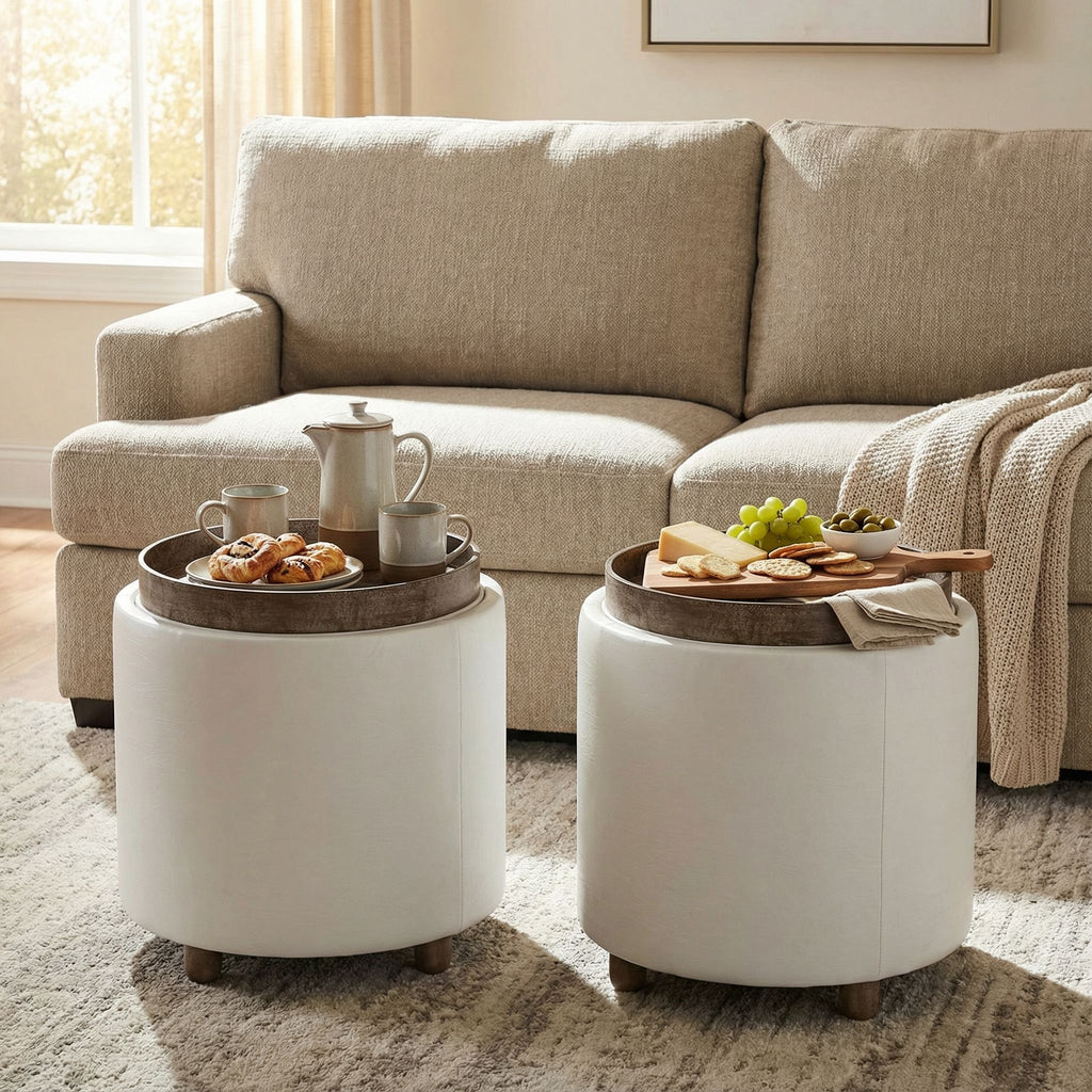 Keyes Round Storage Ottoman with Tray Top, White faux leather and  driftwood legs