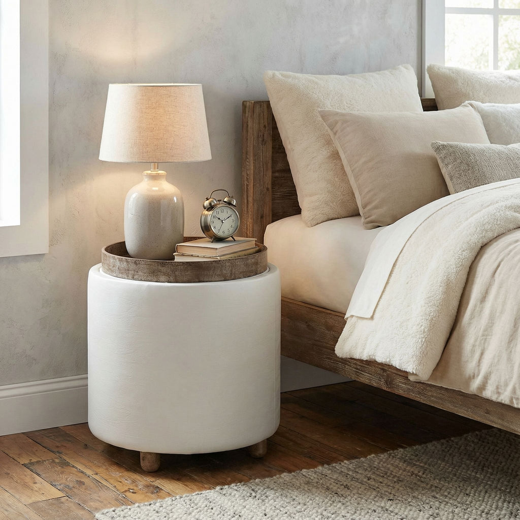 Keyes Round Storage Ottoman with Tray Top, White faux leather and  driftwood legs