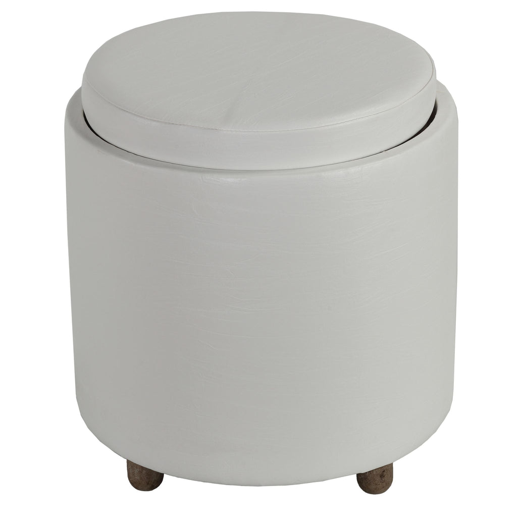 Keyes Round Storage Ottoman with Tray Top, White faux leather and  driftwood legs