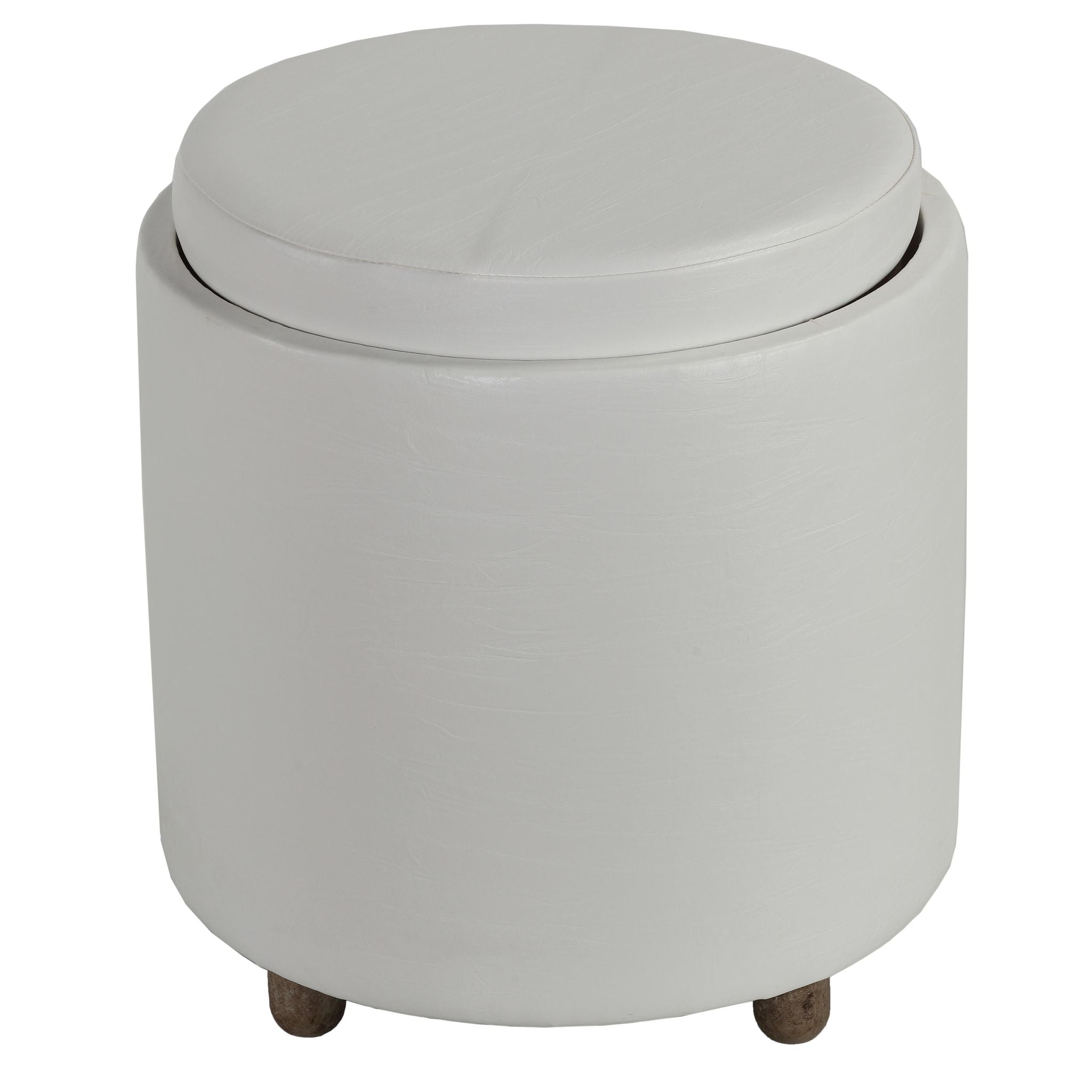 Keyes Round Storage Ottoman with Tray Top, White faux leather and  driftwood legs